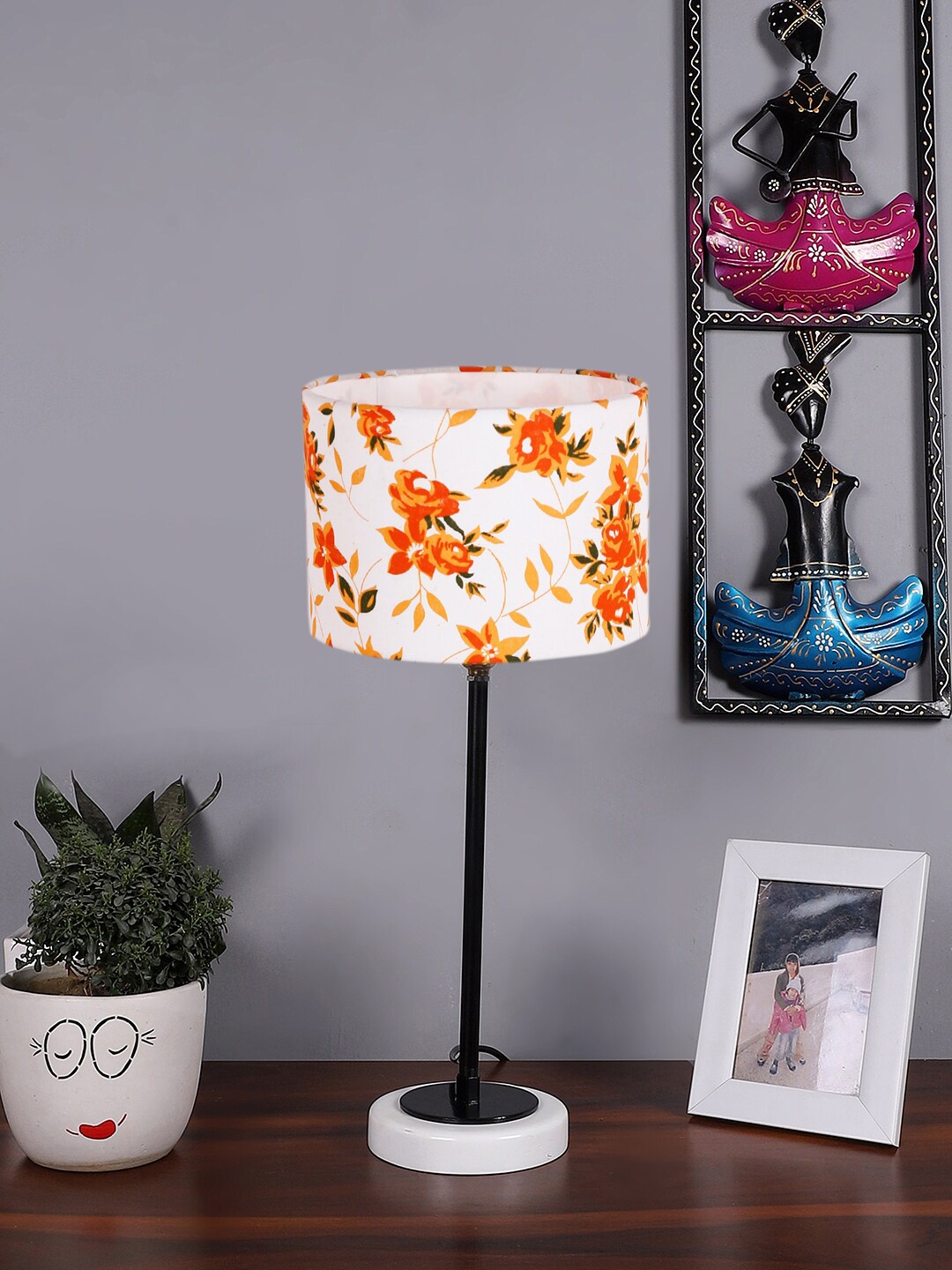 

Devansh White & Orange Floral Cotton Table Lamp With Wooden Base