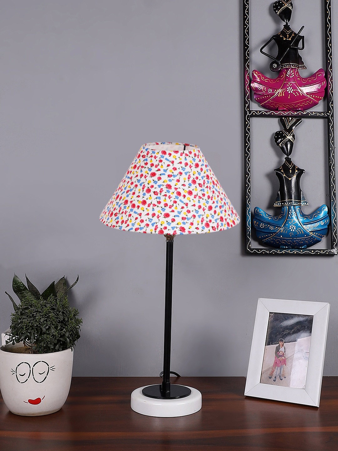 Devansh Beige Floral Printed Cotton Table Lamp With Wooden Base