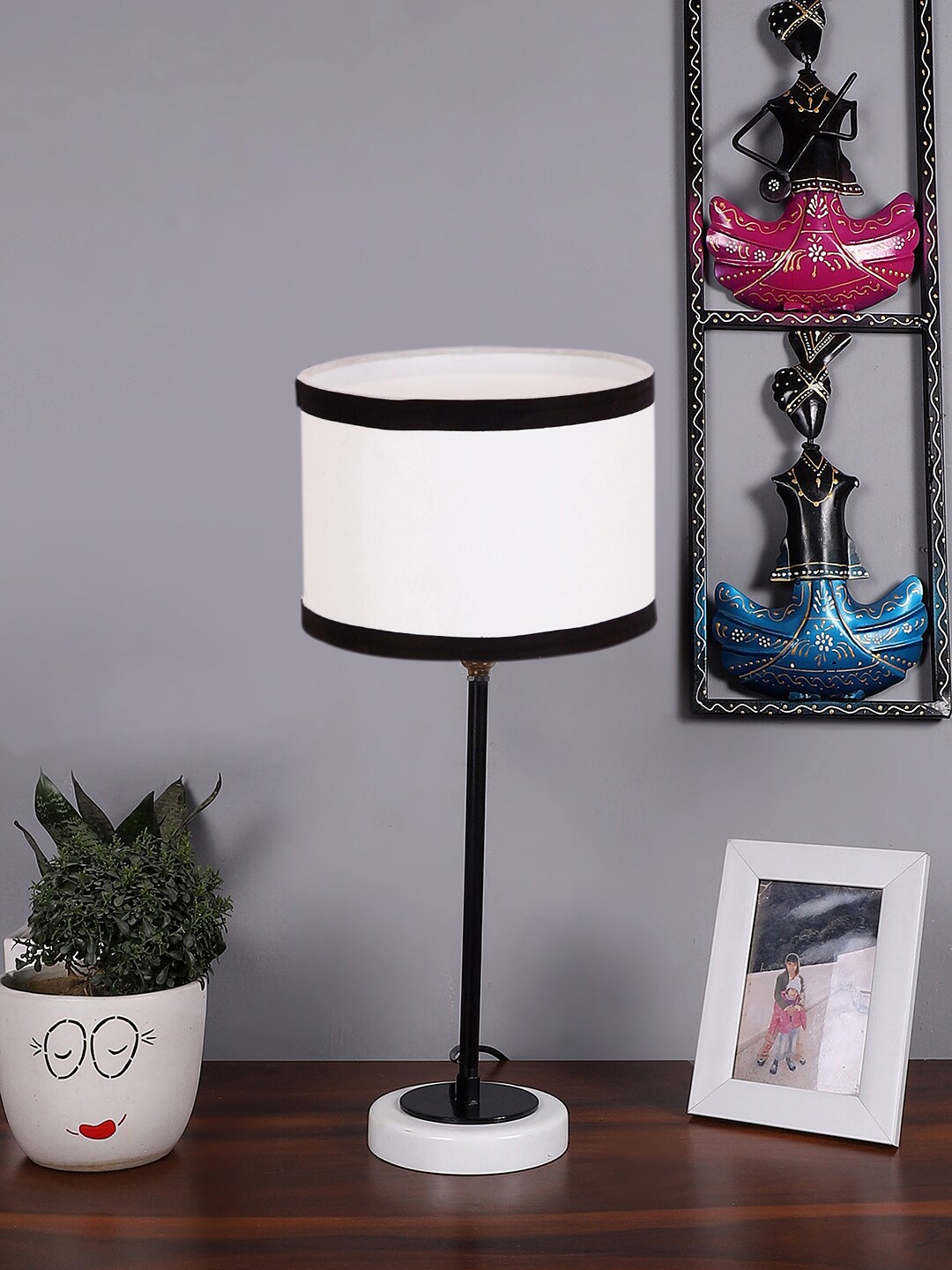 

Devansh White & Black Cotton Table Lamp With Wooden Base