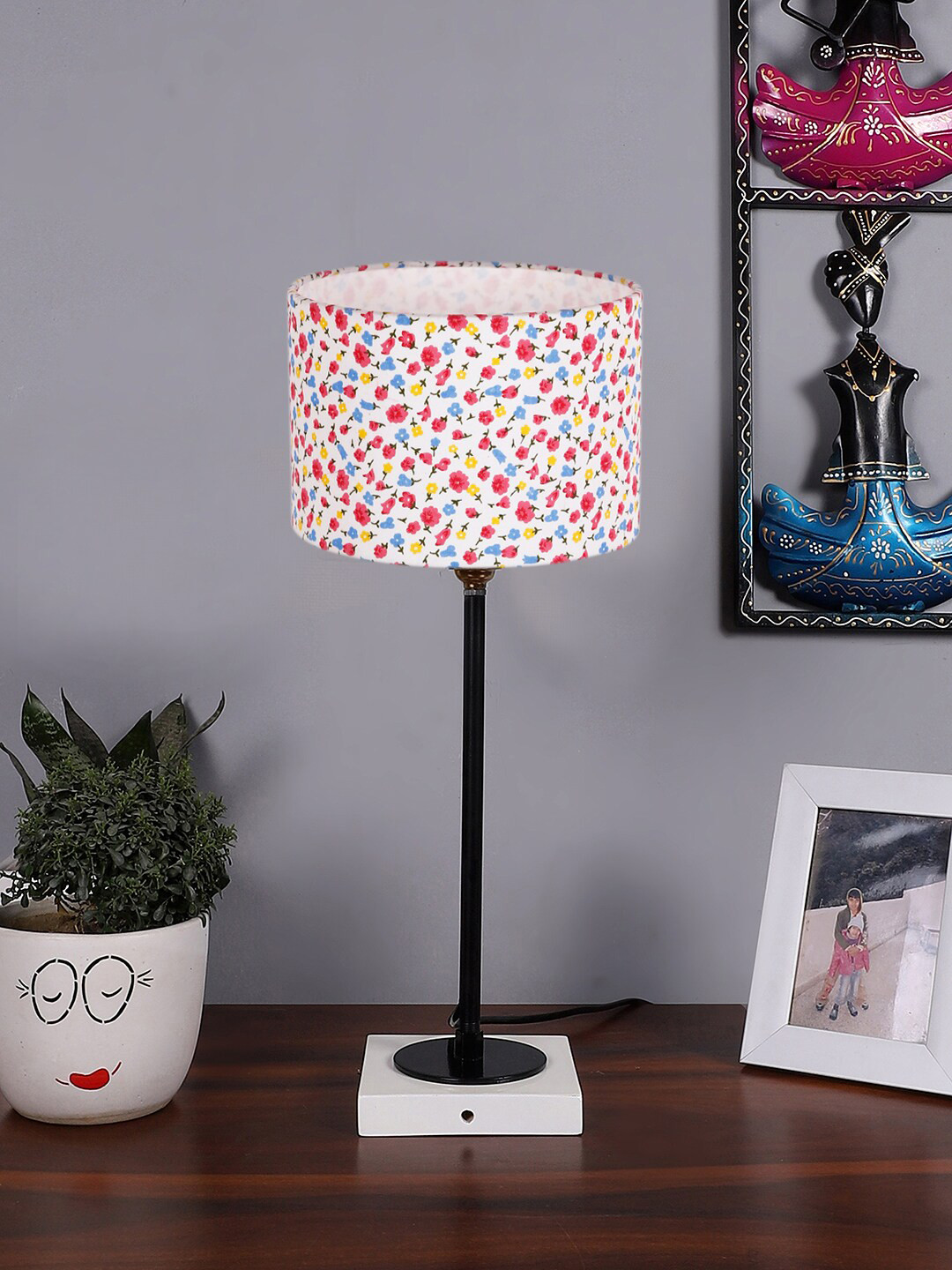 

Devansh White Floral Printed Cotton Table Lamp With Wooden Base
