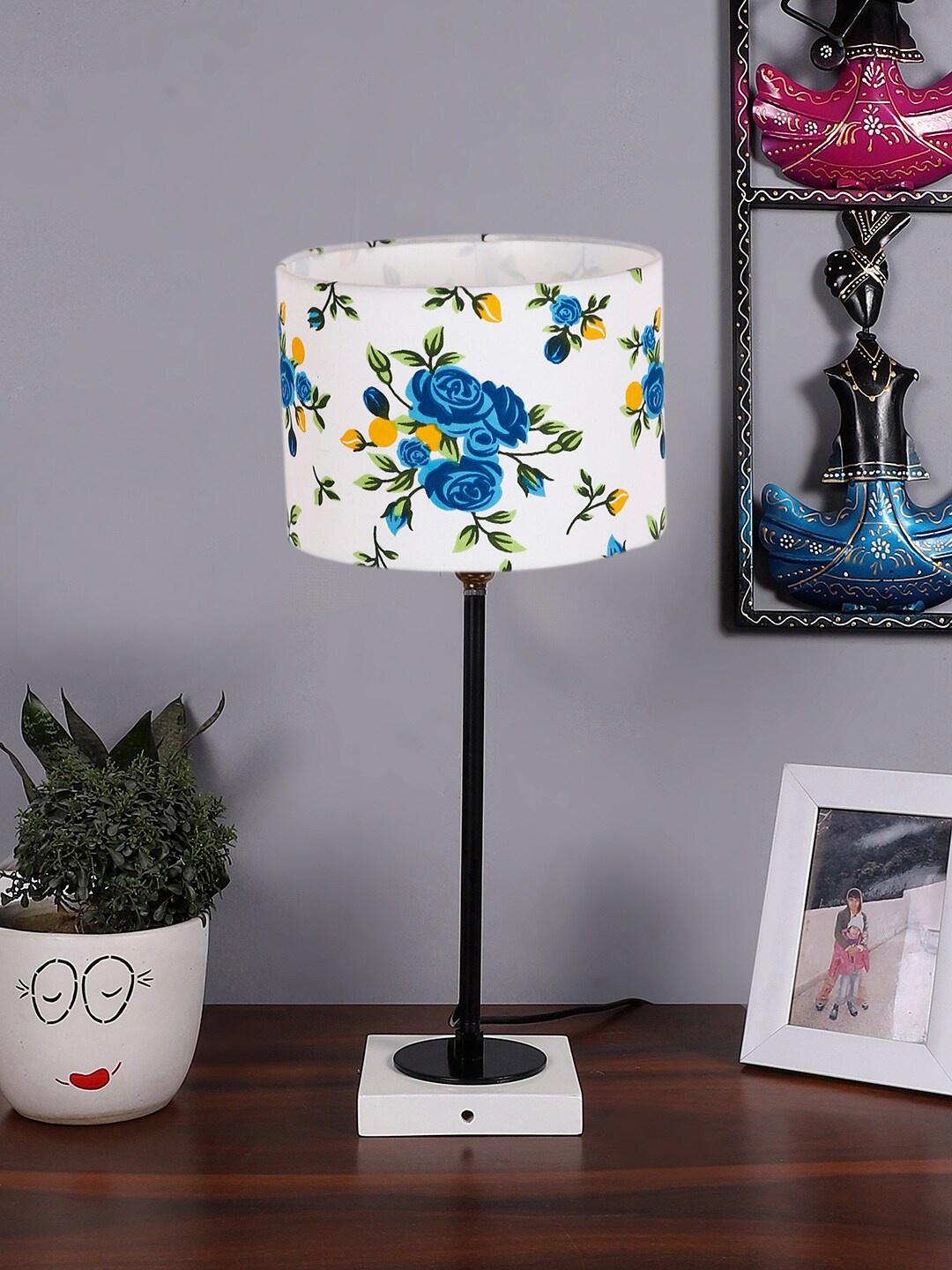 Devansh White & Blue Printed Wooden Table Lamp With Cotton Shade