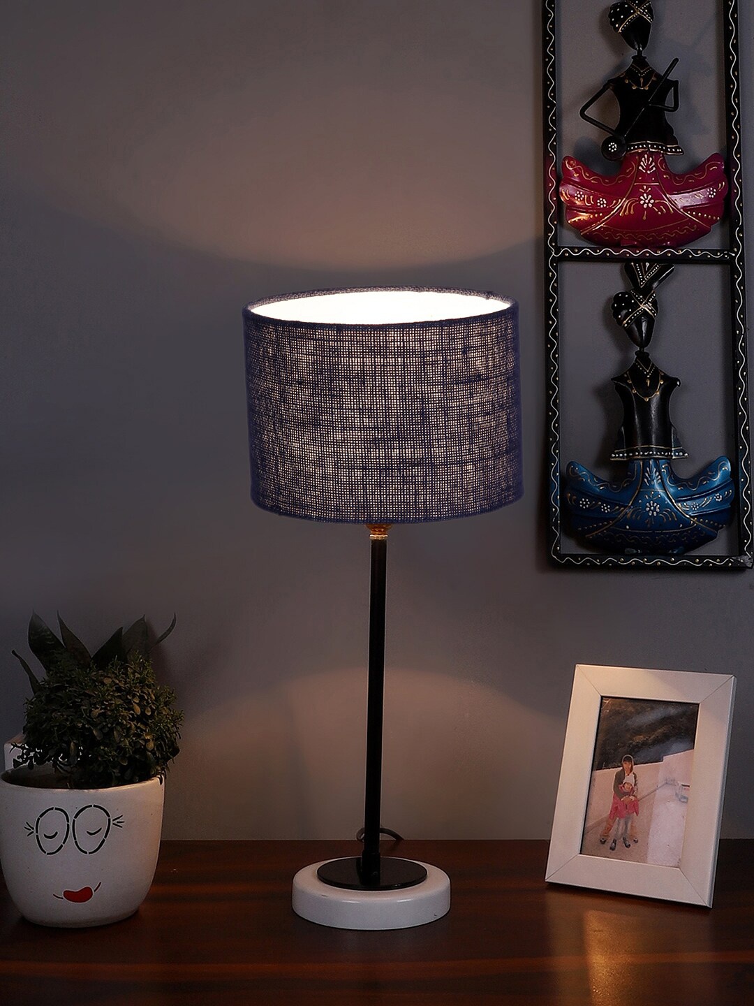 

Devansh Blue & White Textured Wooden Table Lamp With Jute Shade