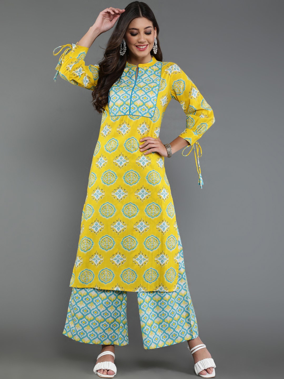 

antaran Ethnic Motifs Printed Mandarin Collar Pure Cotton Kurta With Palazzos, Yellow