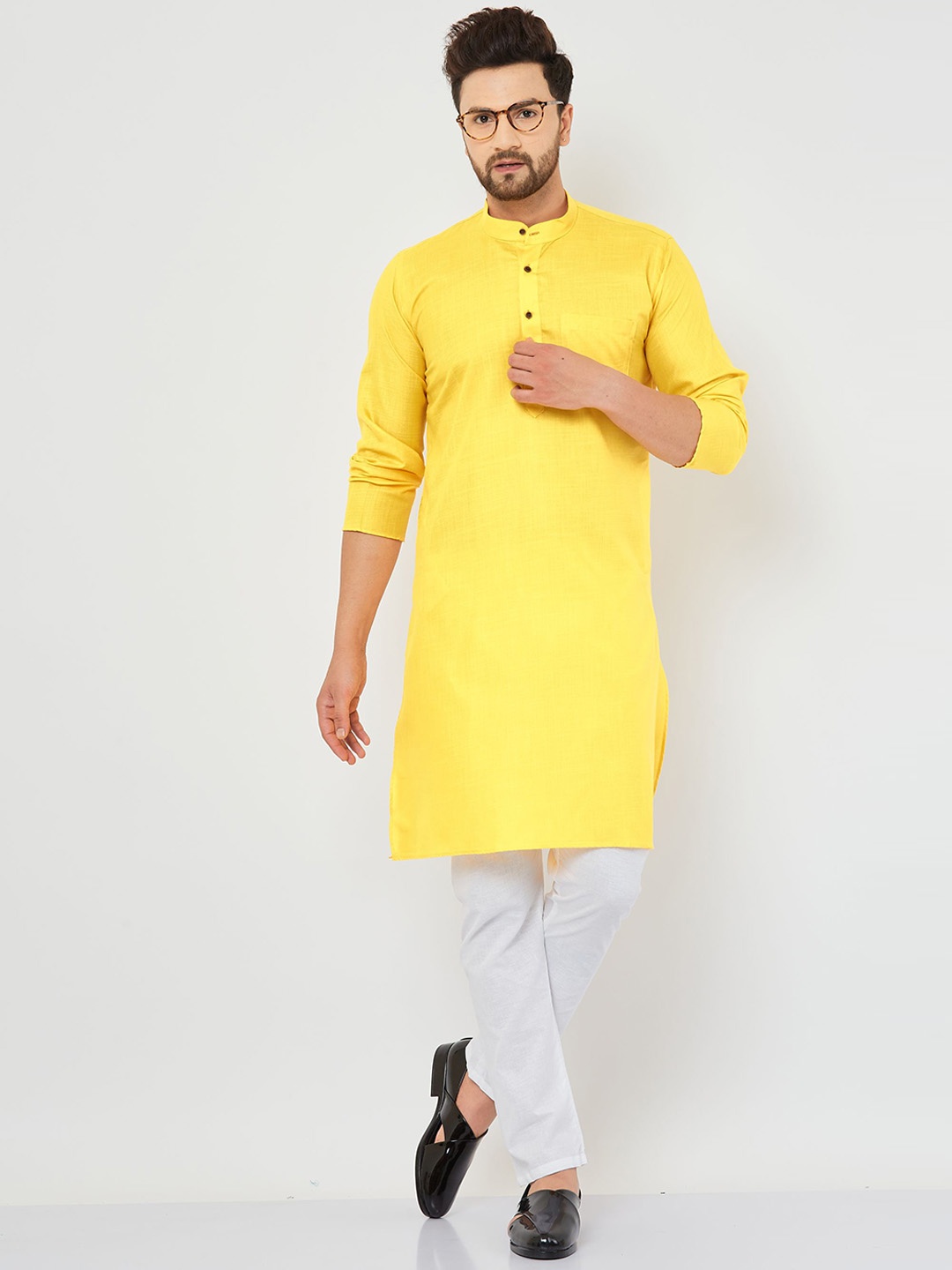 

Armaan Ethnic Mandarin Collar Pure Cotton Kurta With Pyjamas, Yellow