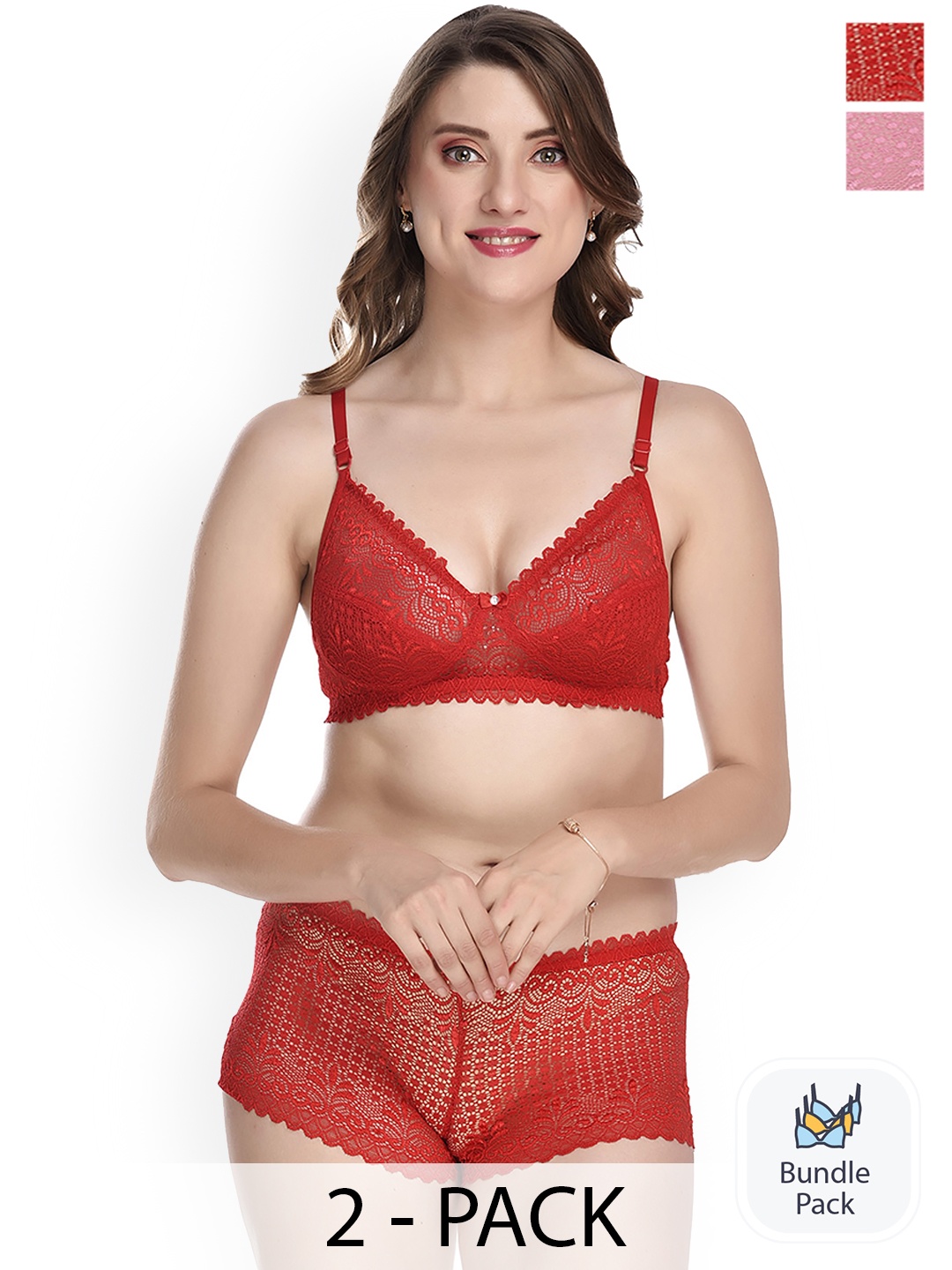 PIBU Pack Of 2 Self-Design Cotton Lingerie Set, Red