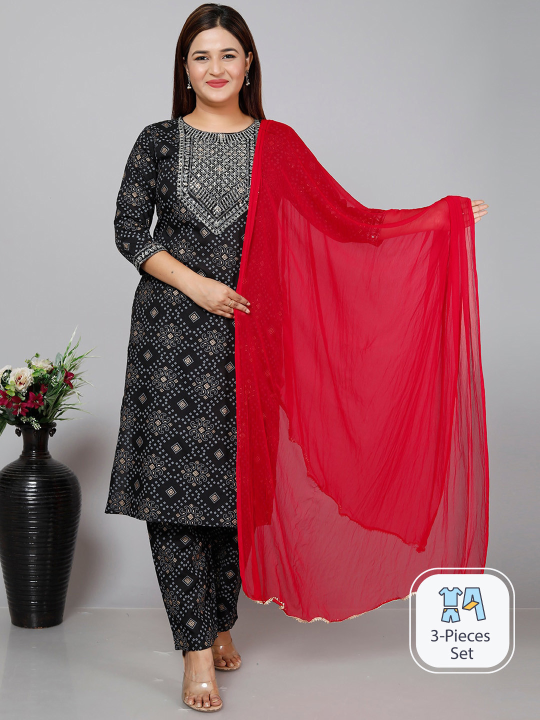 

gvs shoppe Bandhani Printed Sequinned Straight Kurta with Trousers & Dupatta, Black