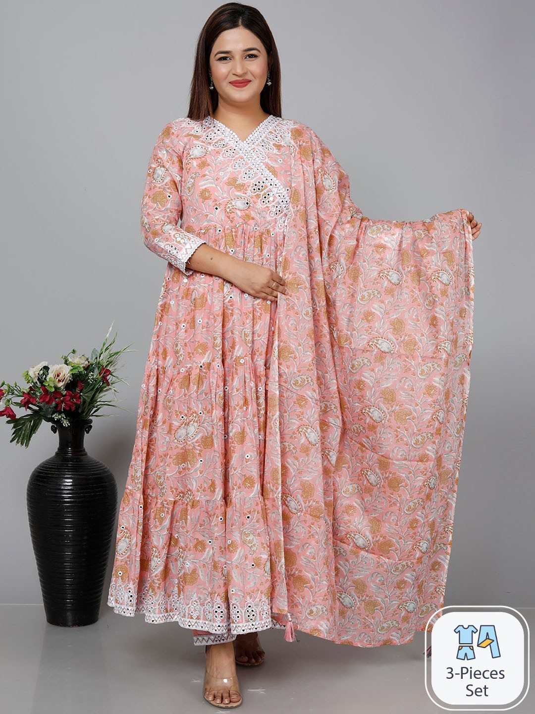 

gvs shoppe Floral Printed Thread Work Anarkali Kurta With Trousers & Dupatta, Peach