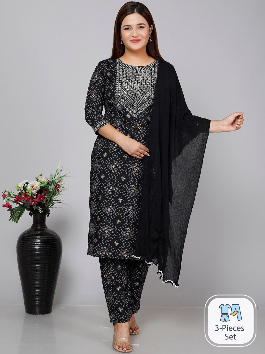 

gvs shoppe Bandhani Printed Sequinned Straight Kurta with Trousers & Dupatta, Black