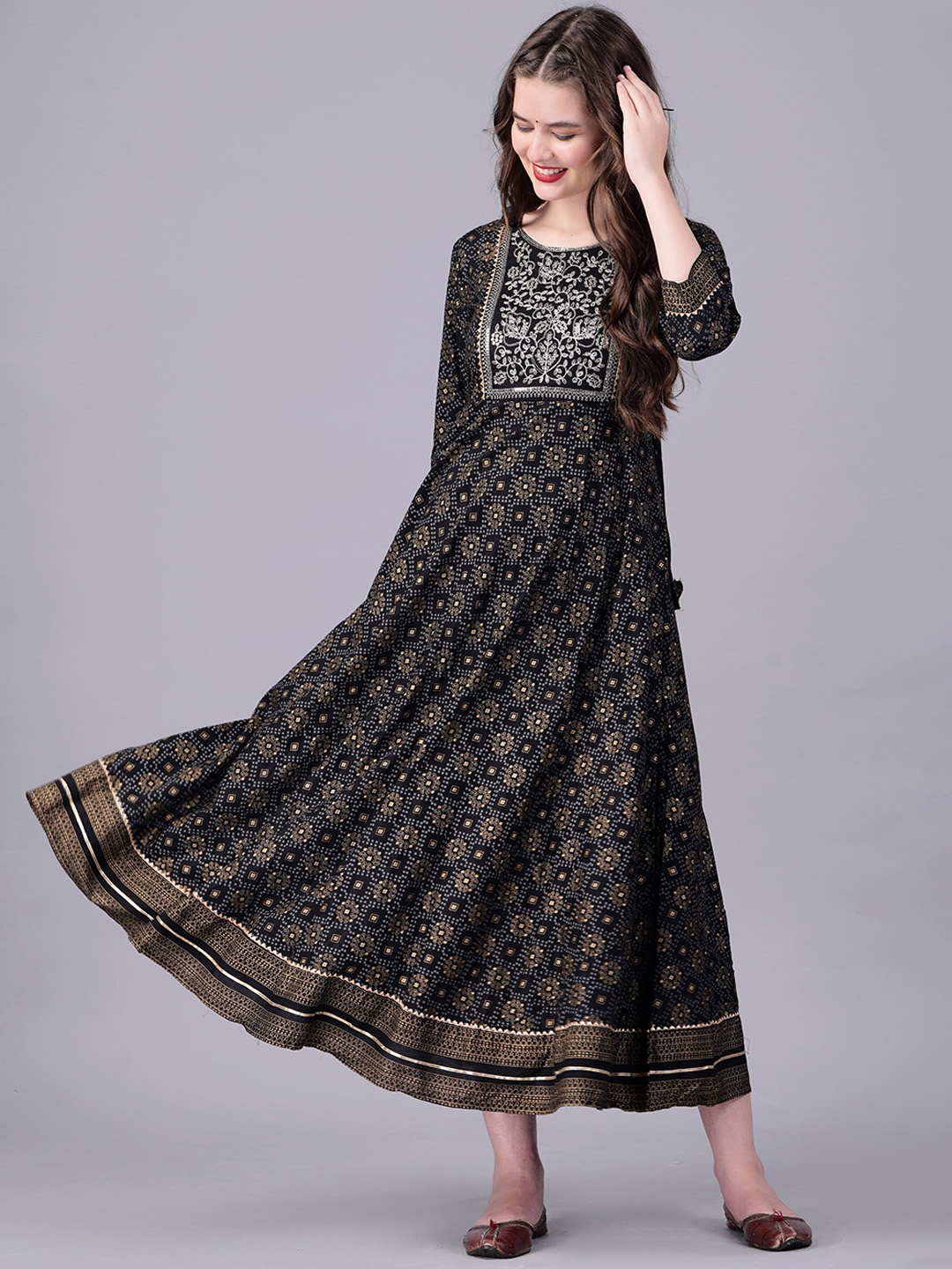 KALINI Ethnic Motifs Printed Gotta Patti A-Line Ethnic Dress, Black