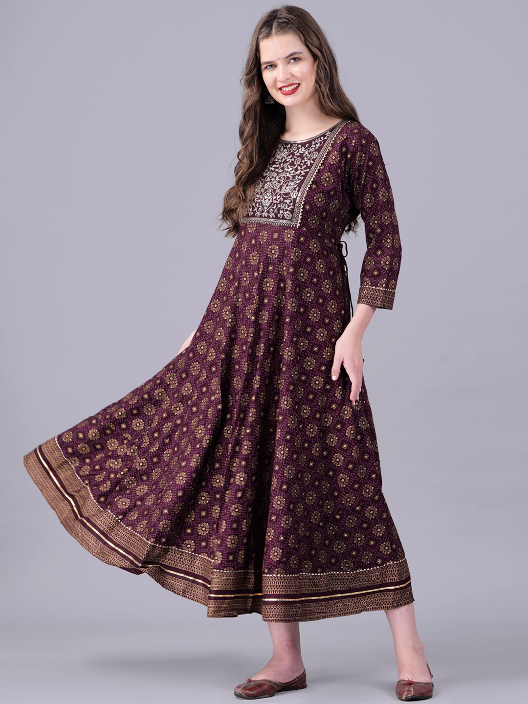 

KALINI Ethnic Motifs Printed Embroidered Fit & Flare Ethnic Dress, Maroon
