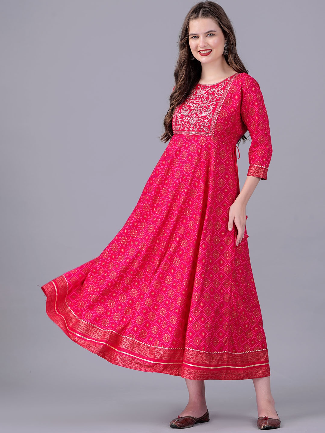 

KALINI Bandhani Printed Embroidered Fit & Flare Ethnic Dress, Pink