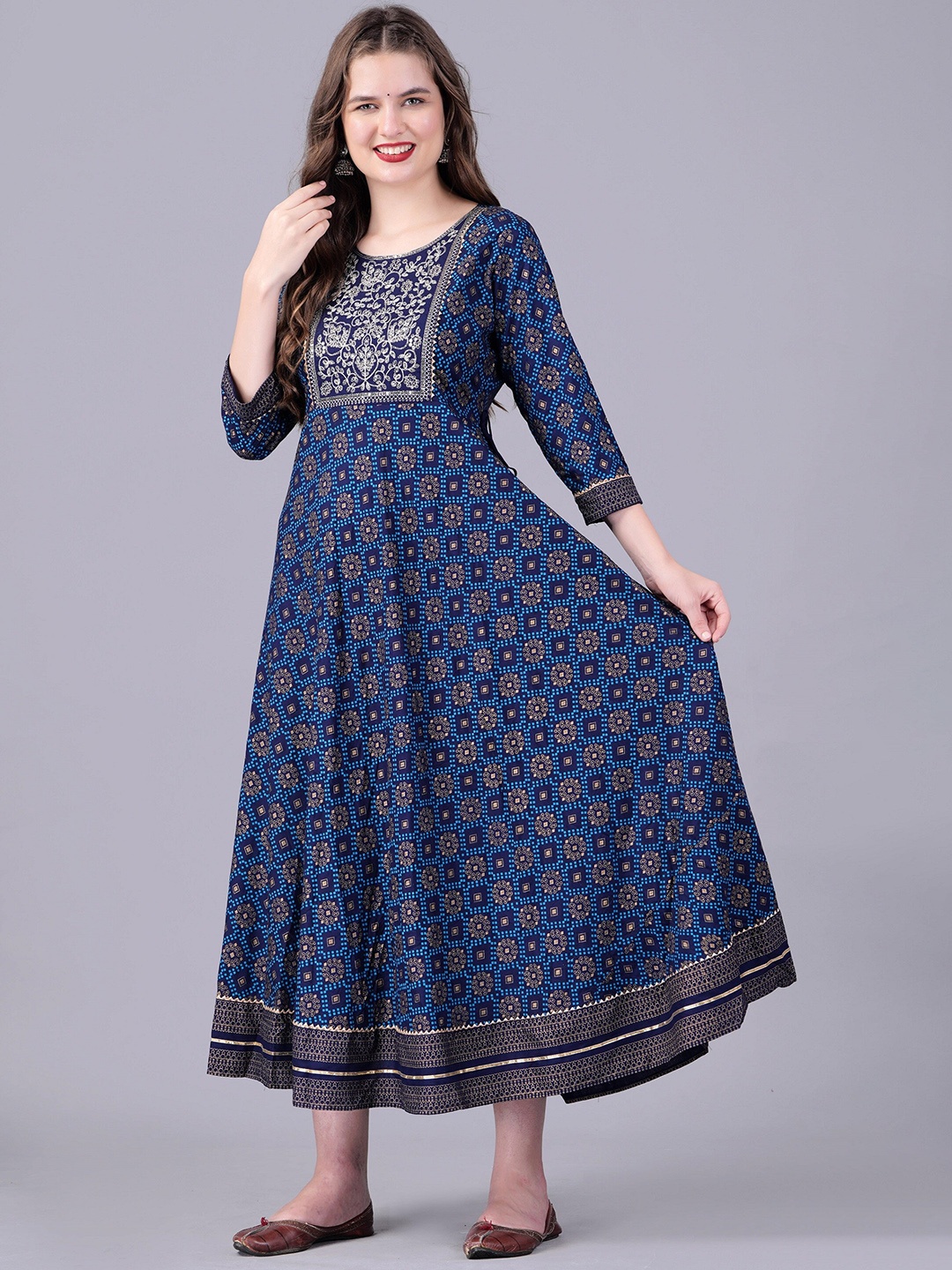 

KALINI Ethnic Motifs Printed Gotta Patti A-Line Ethnic Dress, Blue