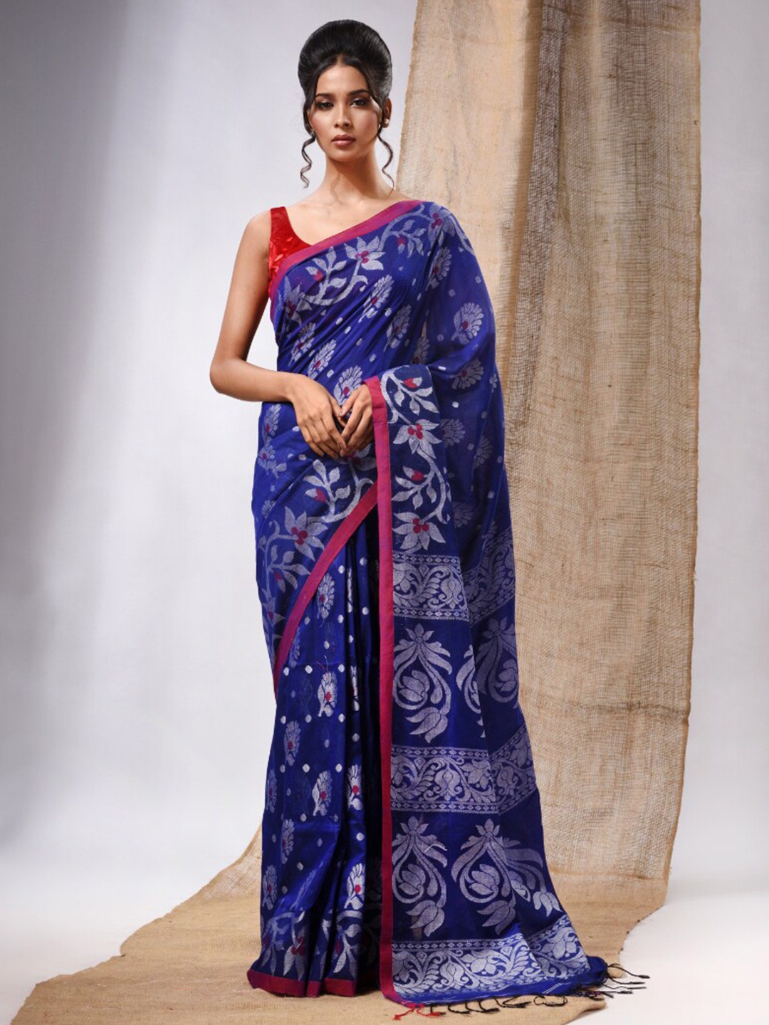 

Charukriti Ethnic Motifs Woven Design Zari Pure Cotton Saree, Blue