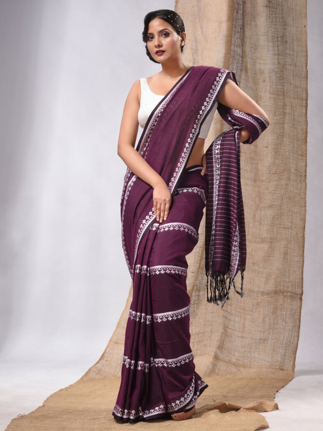 

Charukriti Striped Pure Cotton Saree, Purple
