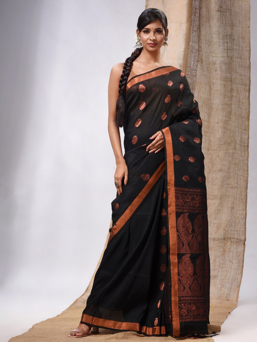 

Charukriti Ethnic Motifs Woven Design Zari Pure Linen Saree, Black