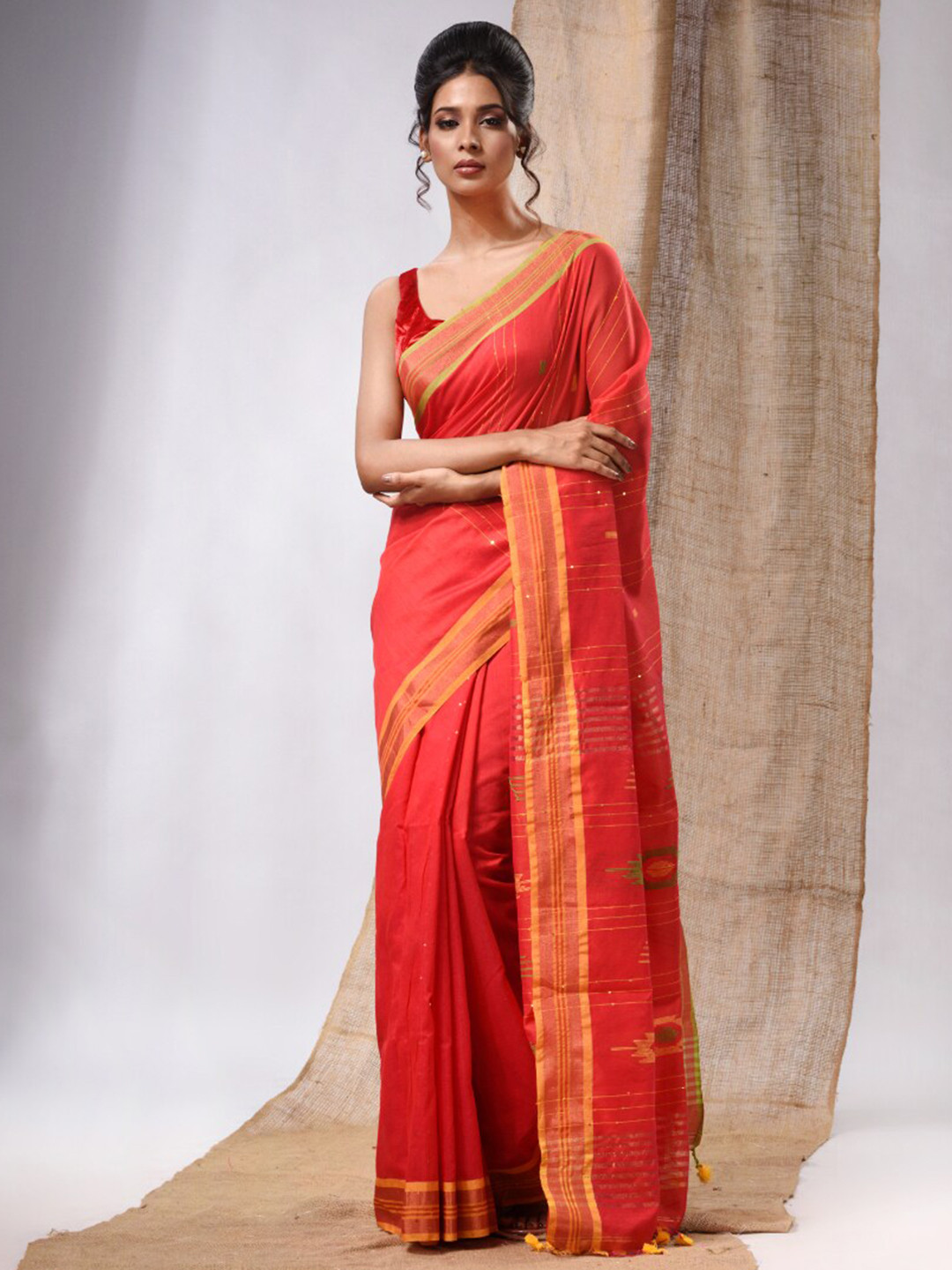 

Charukriti Striped Woven Design Zari Silk Cotton Saree, Red