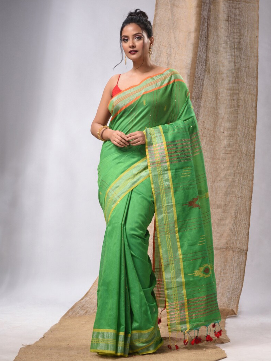

Charukriti Striped Woven Design Zari Silk Cotton Saree, Green