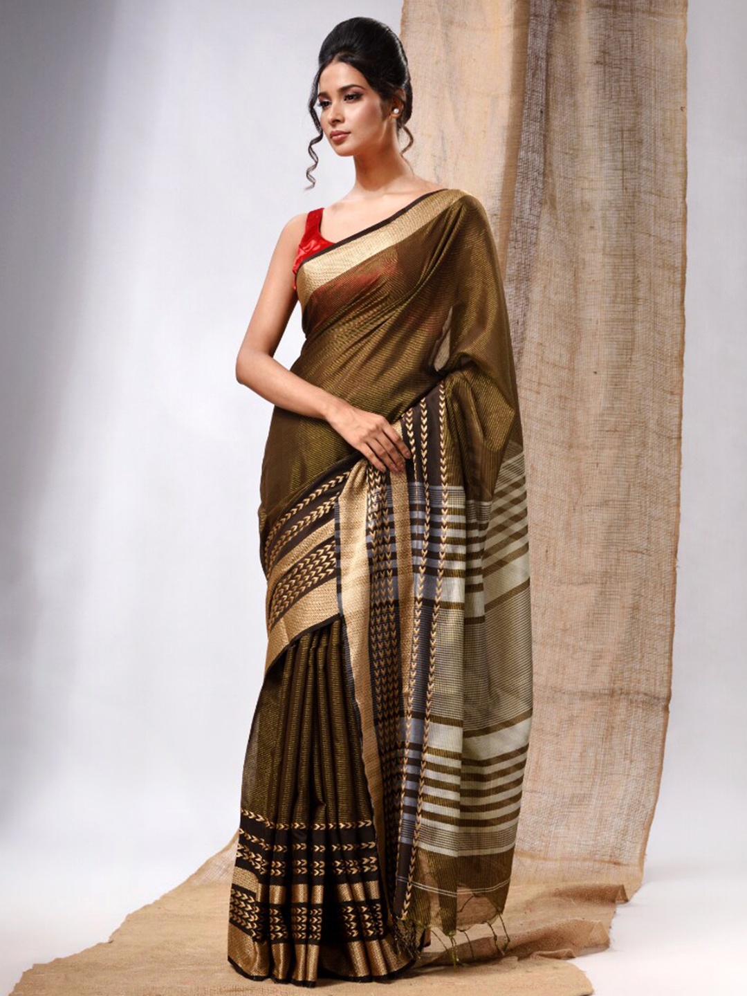 

Charukriti Striped Zari Silk Cotton Saree, Green