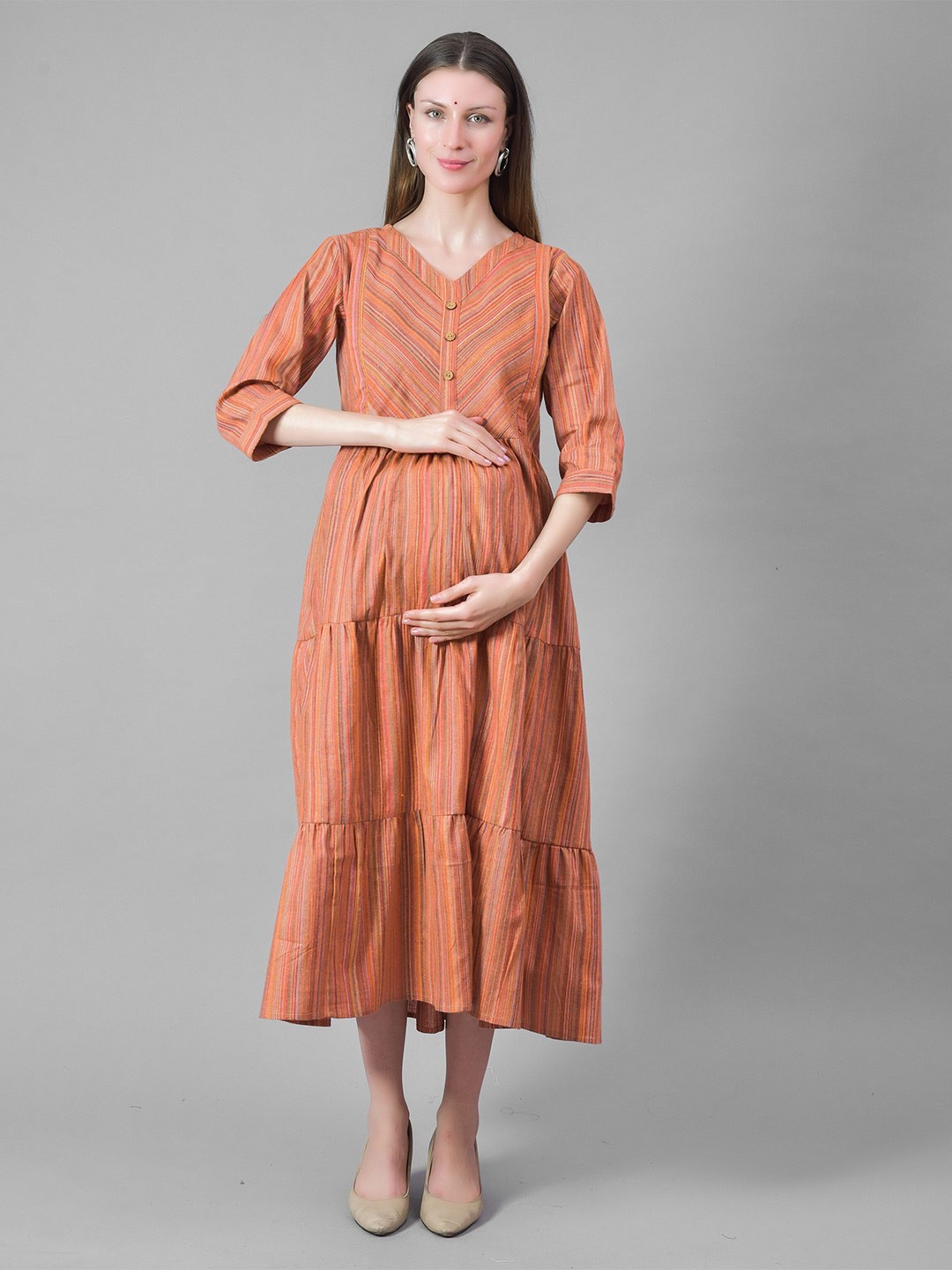 

Negen Striped Cotton Maternity A-Line Midi Dress With Feeding Zip, Rust