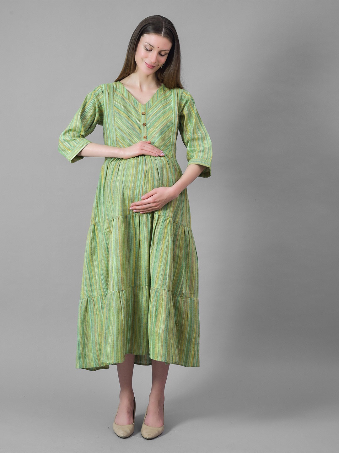 

Negen Maternity Striped Printed Gathered & Pleated Tiered Cotton Fit & Flare Midi Dress, Green