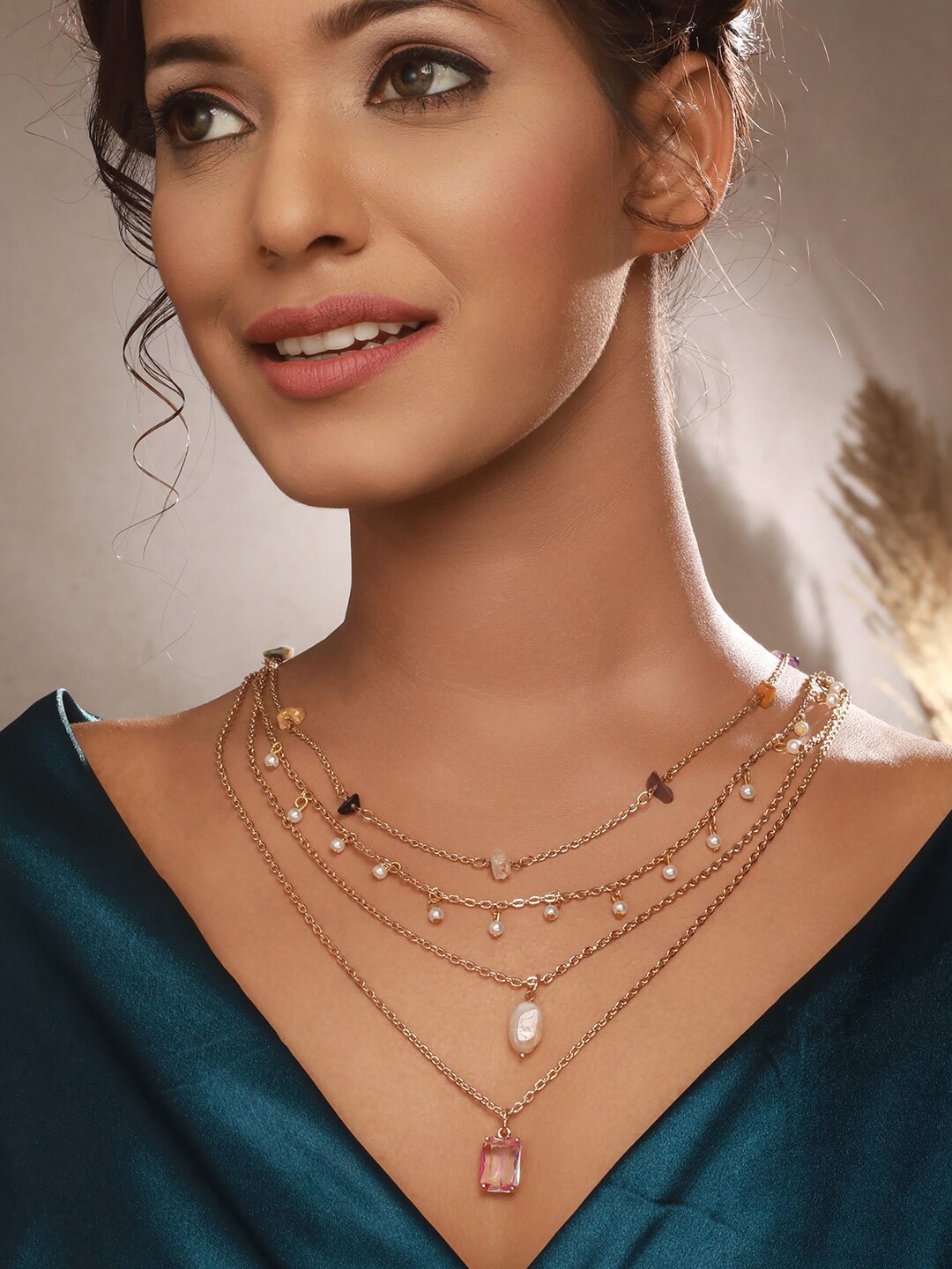 

DressBerry White Brass Gold-Plated Layered Necklace
