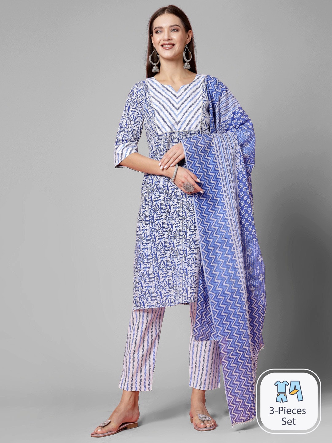 

KALINI Ethnic Motifs Printed Gotta Patti Pure Cotton Kurta With Trousers & Dupatta, Blue