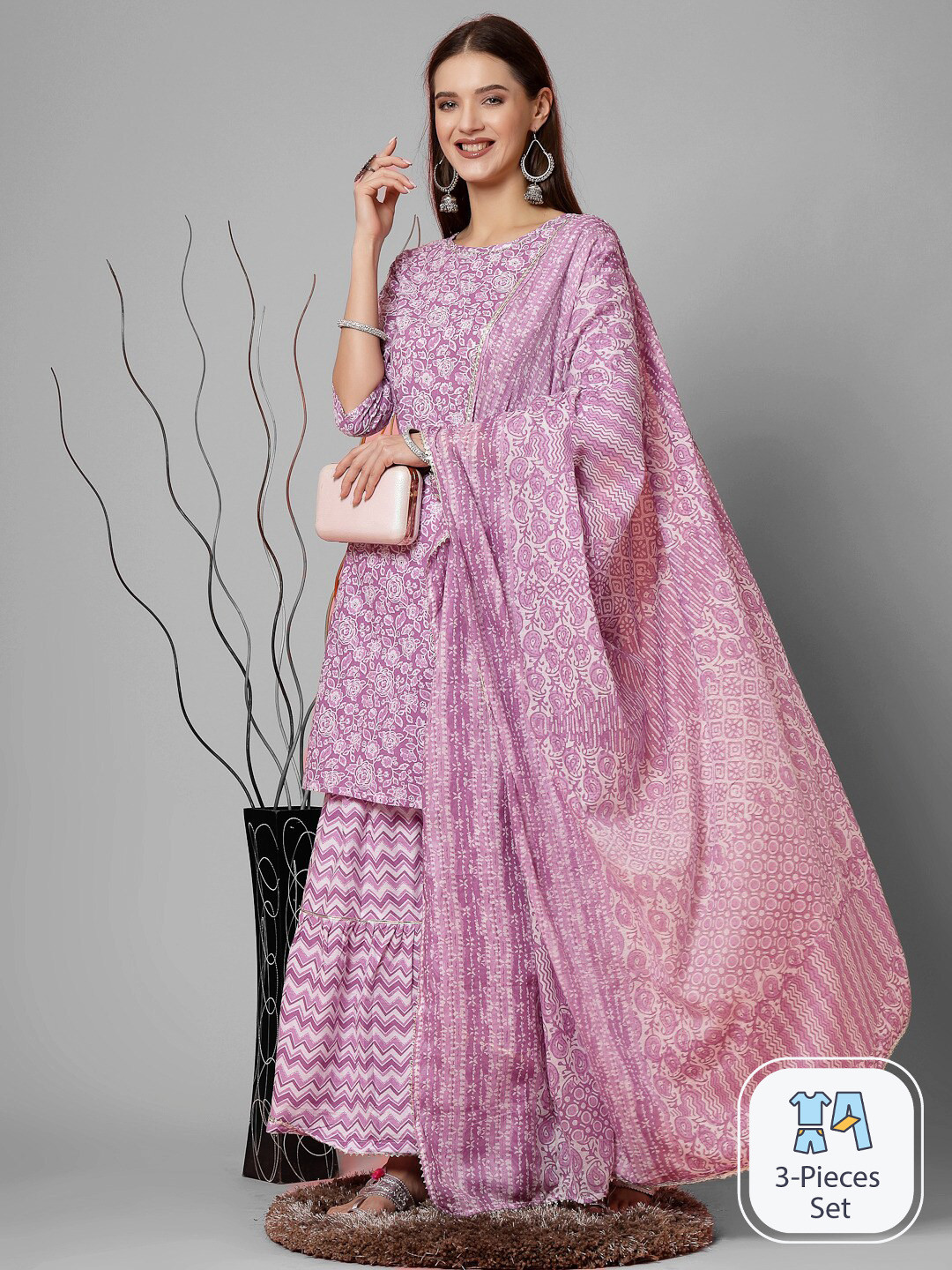 

KALINI Women Purple Floral Printed Regular Gotta Patti Pure Cotton Kurta with Sharara & With Dupatta