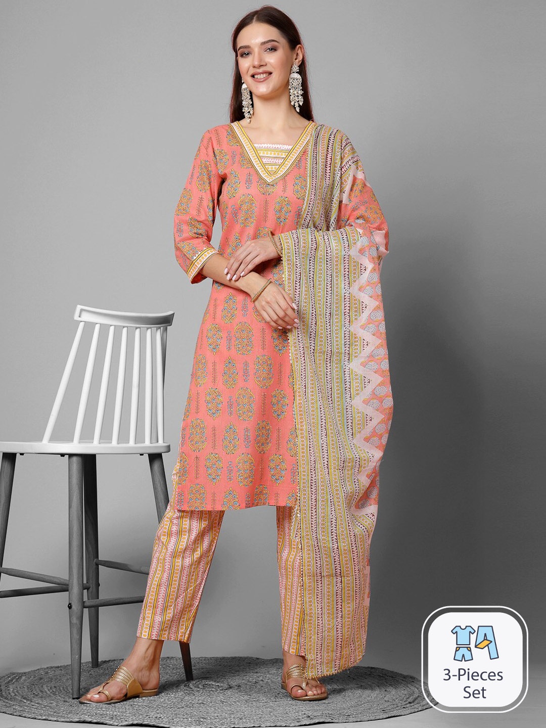 

KALINI Ethnic Motifs Printed Gotta Patti Pure Cotton Kurta With Trousers & Dupatta, Peach