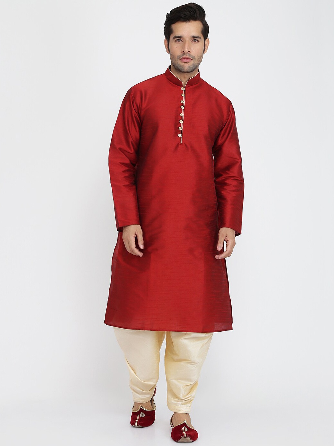 

ROYAL KURTA Band Collar Regular Dupion Silk Kurta with Patiala, Maroon
