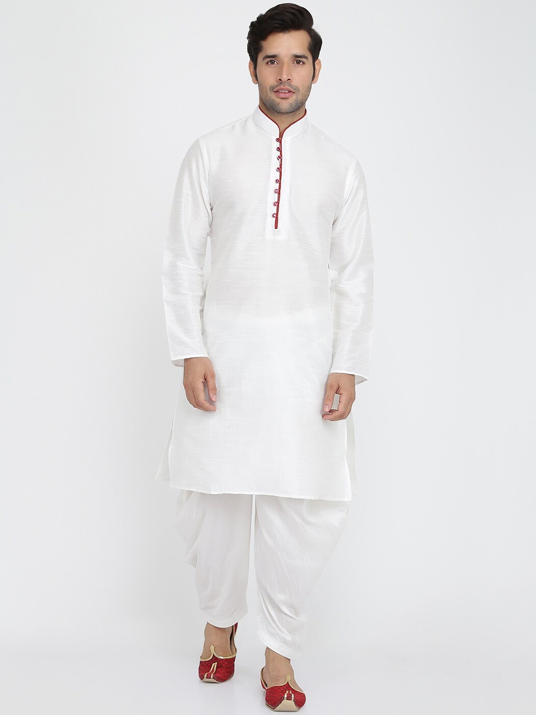 

ROYAL KURTA Band Collar Regular Dupion Silk Kurta with Patiala, White