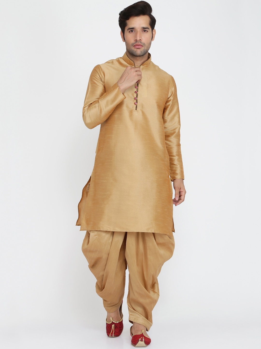 

ROYAL KURTA Band Collar Regular Dupion Silk Kurta with Patiala, Brown