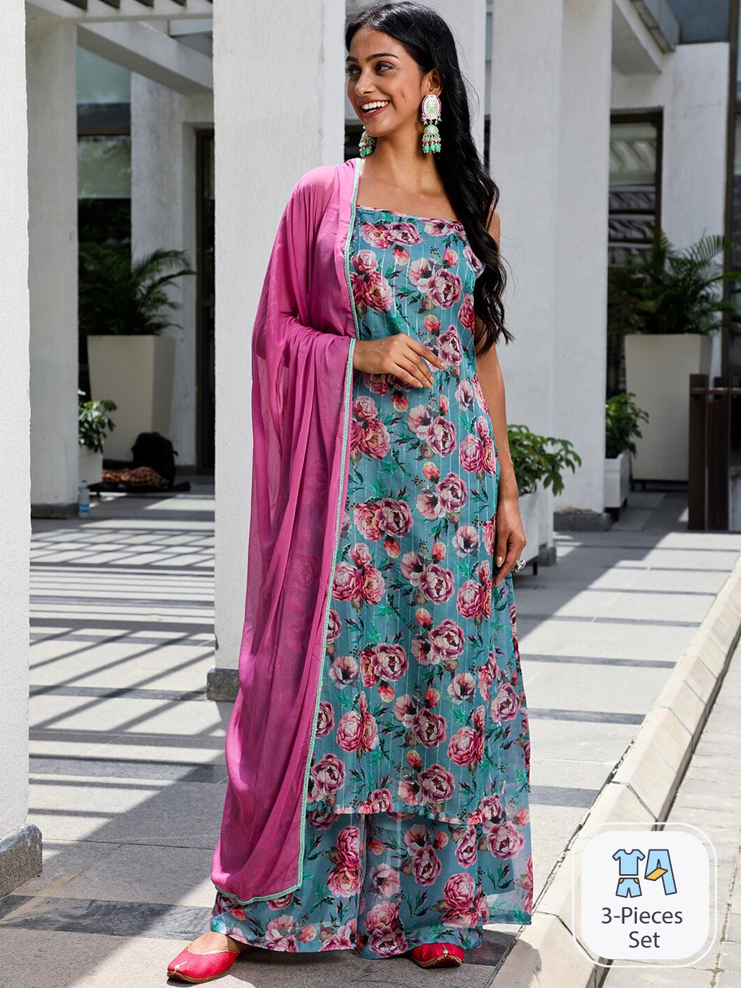 

AKS Couture Floral Printed Sequinned Kurta with Palazzos & Dupatta, Blue