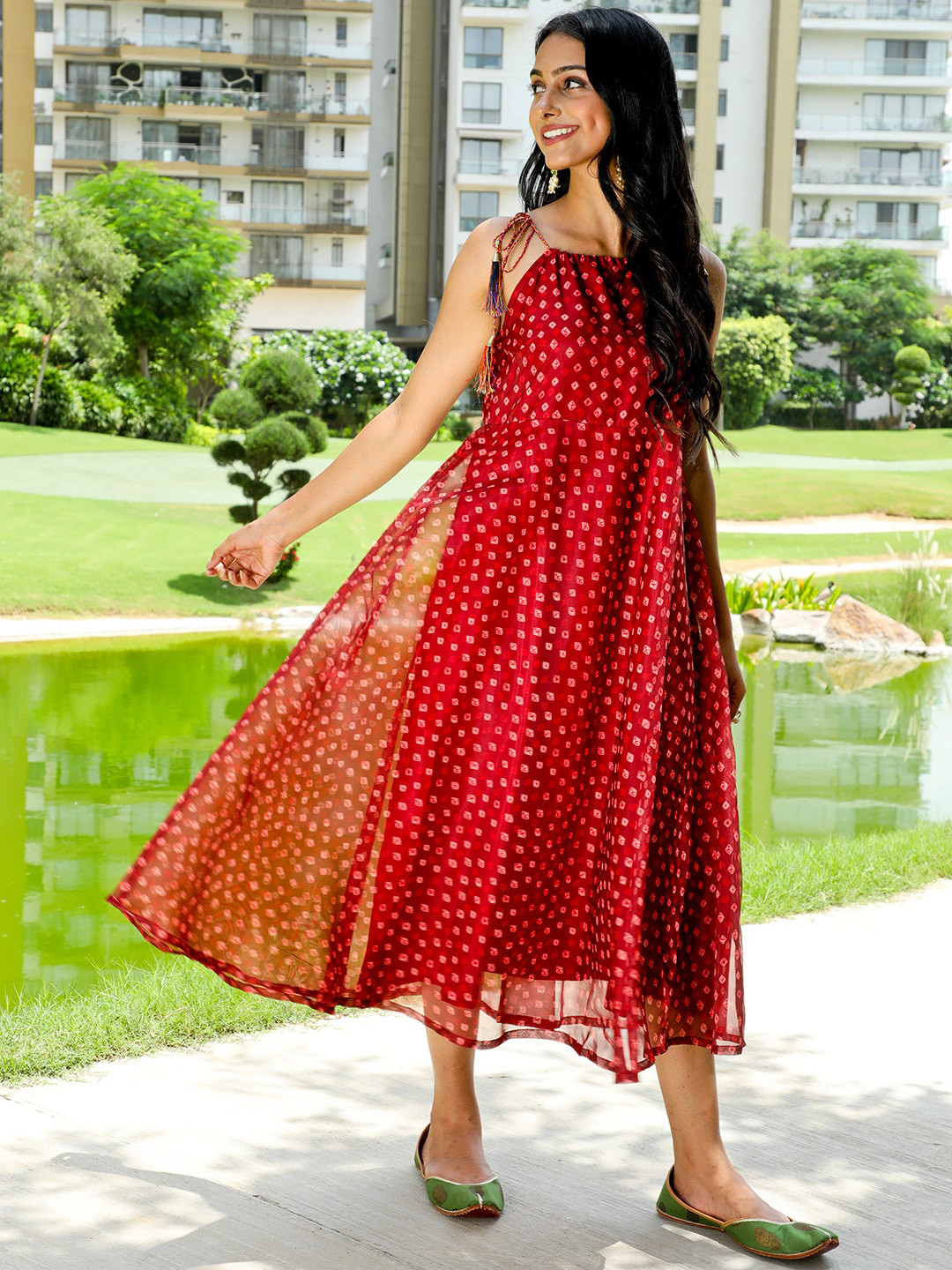 

AKS Couture Bandhani Printed A-Line Midi Ethnic Dress, Maroon