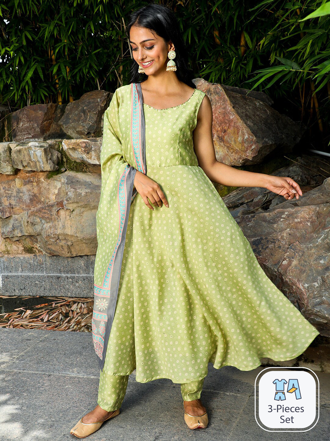 

AKS Couture Bandhani Shoulder Strap Anarkali Chanderi Silk Kurta Set With Dupatta, Green