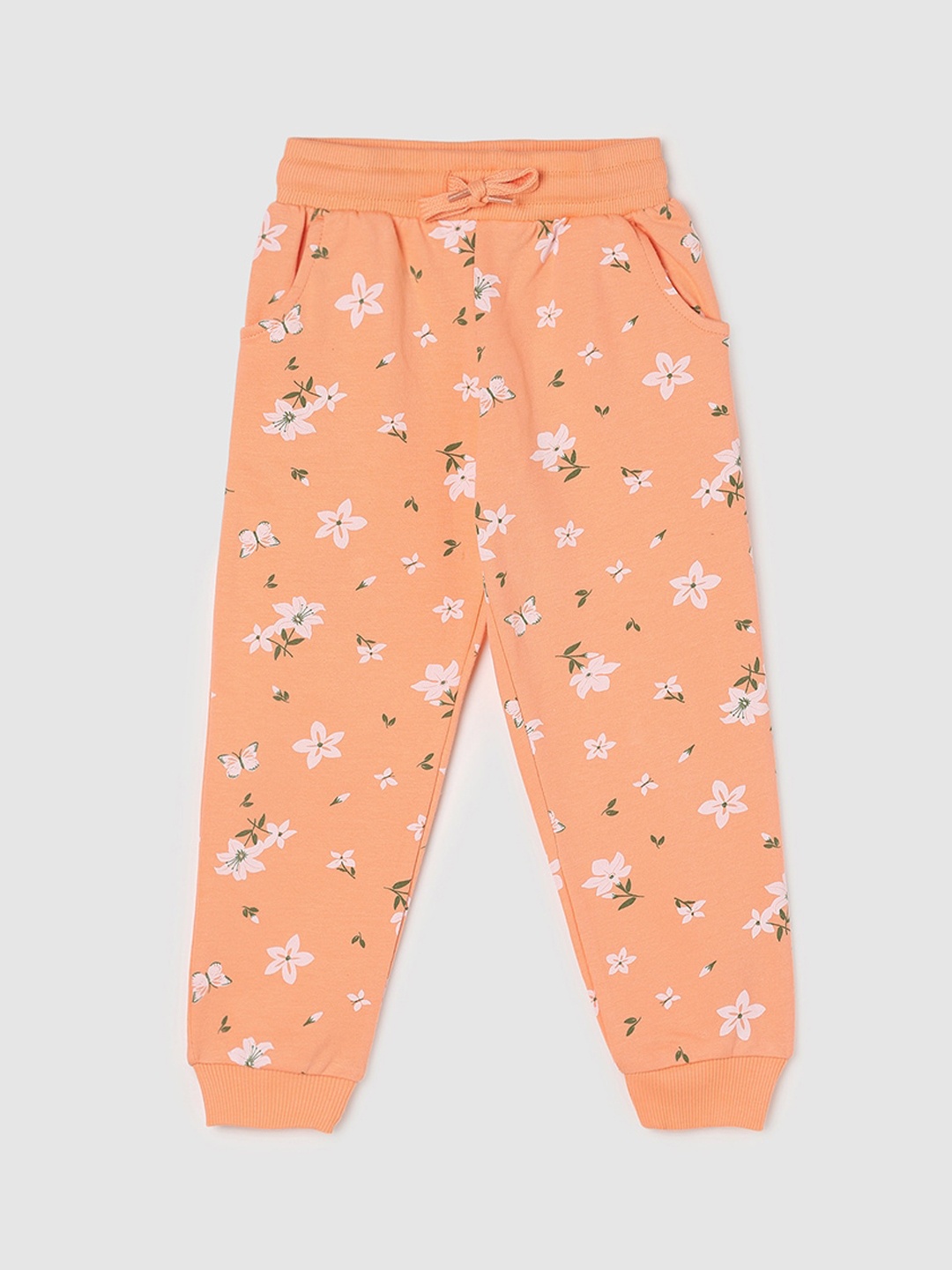 

max Girls Floral-Printed Pure-Cotton Joggers, Orange