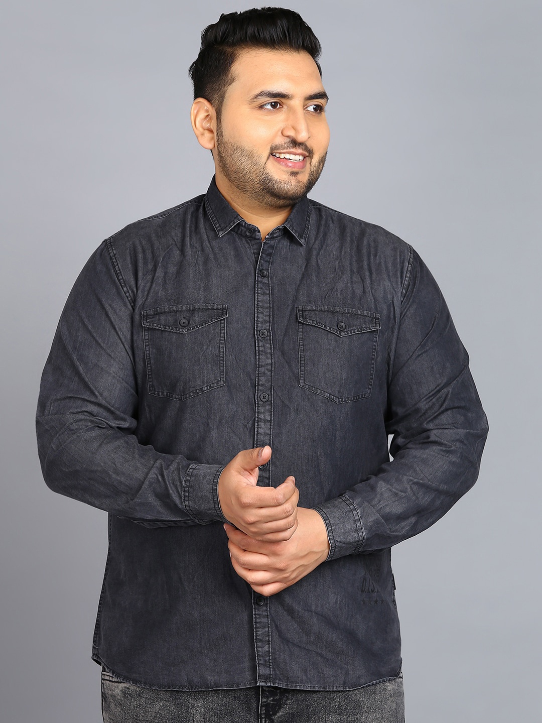 

Urbano Plus Plus Size Spread Collar Casual Denim Shirt, Grey
