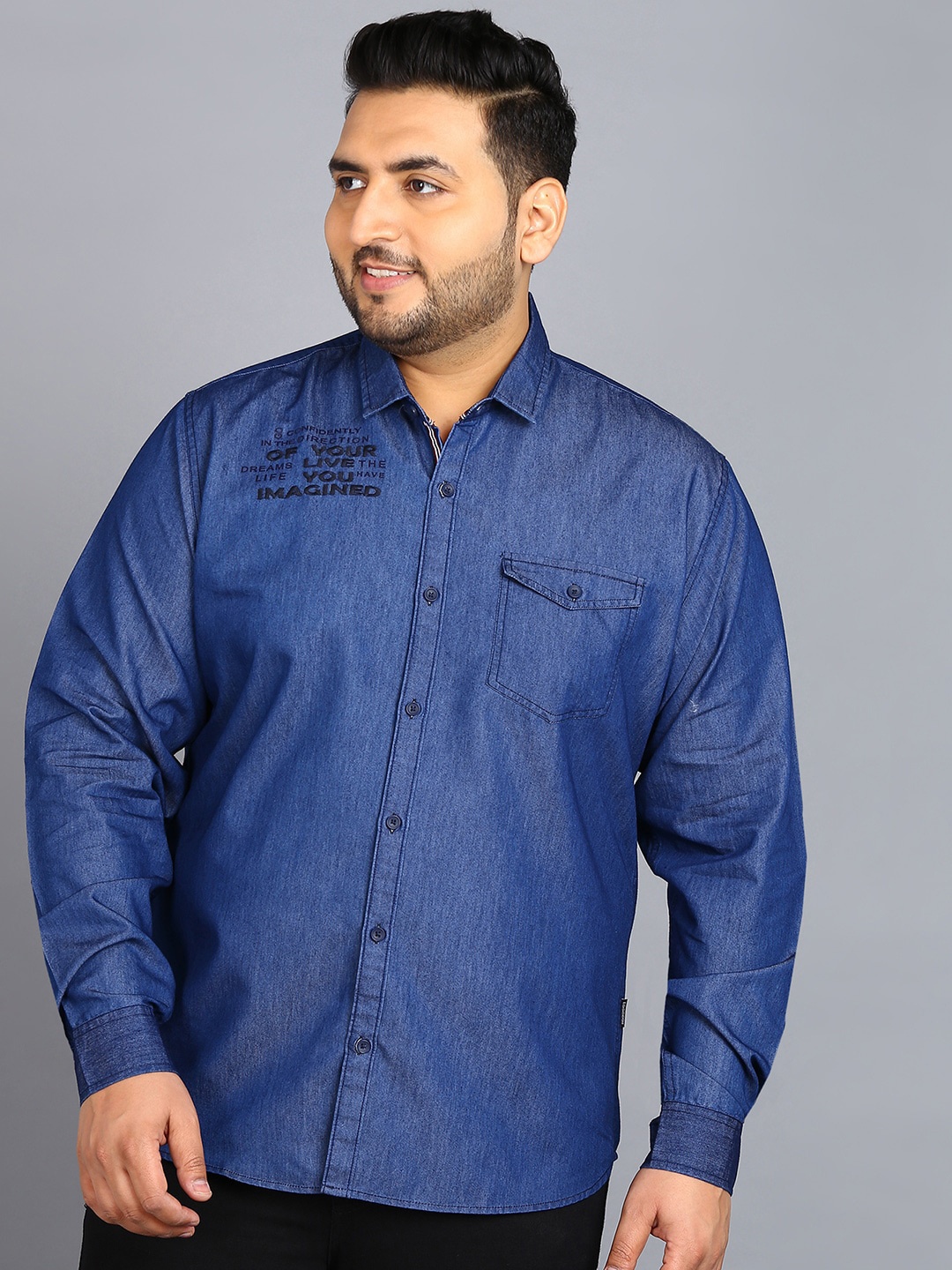 

Urbano Plus Plus Size Spread Collar Casual Chambray Shirt, Blue