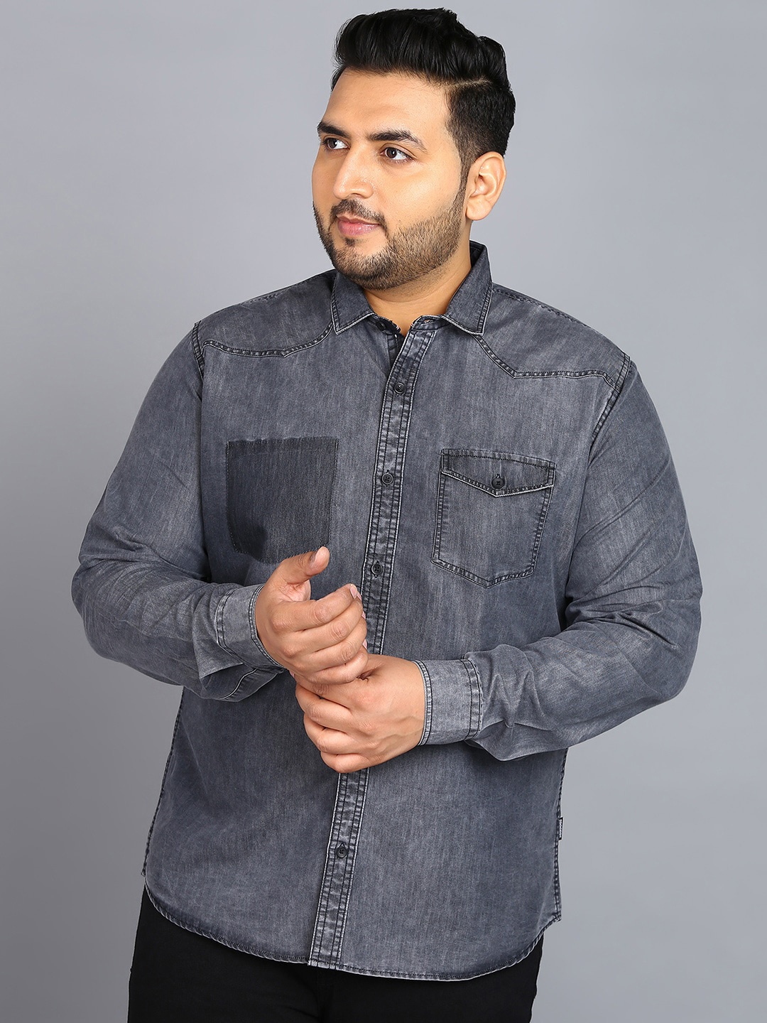 

Urbano Plus Faded Spread Collar Denim Casual Shirt, Black