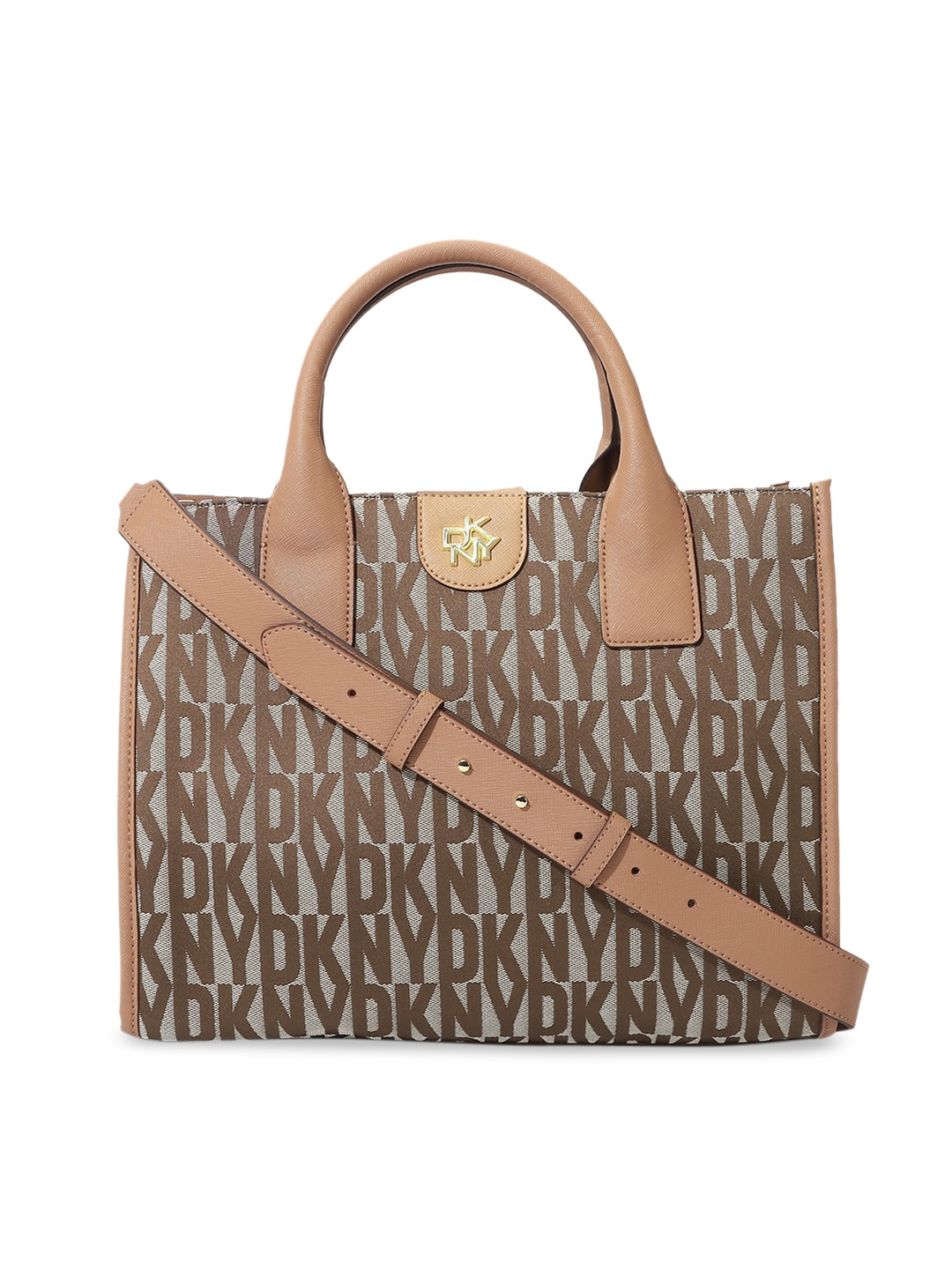 

DKNY Typography Printed Leather Handheld Bag, Brown