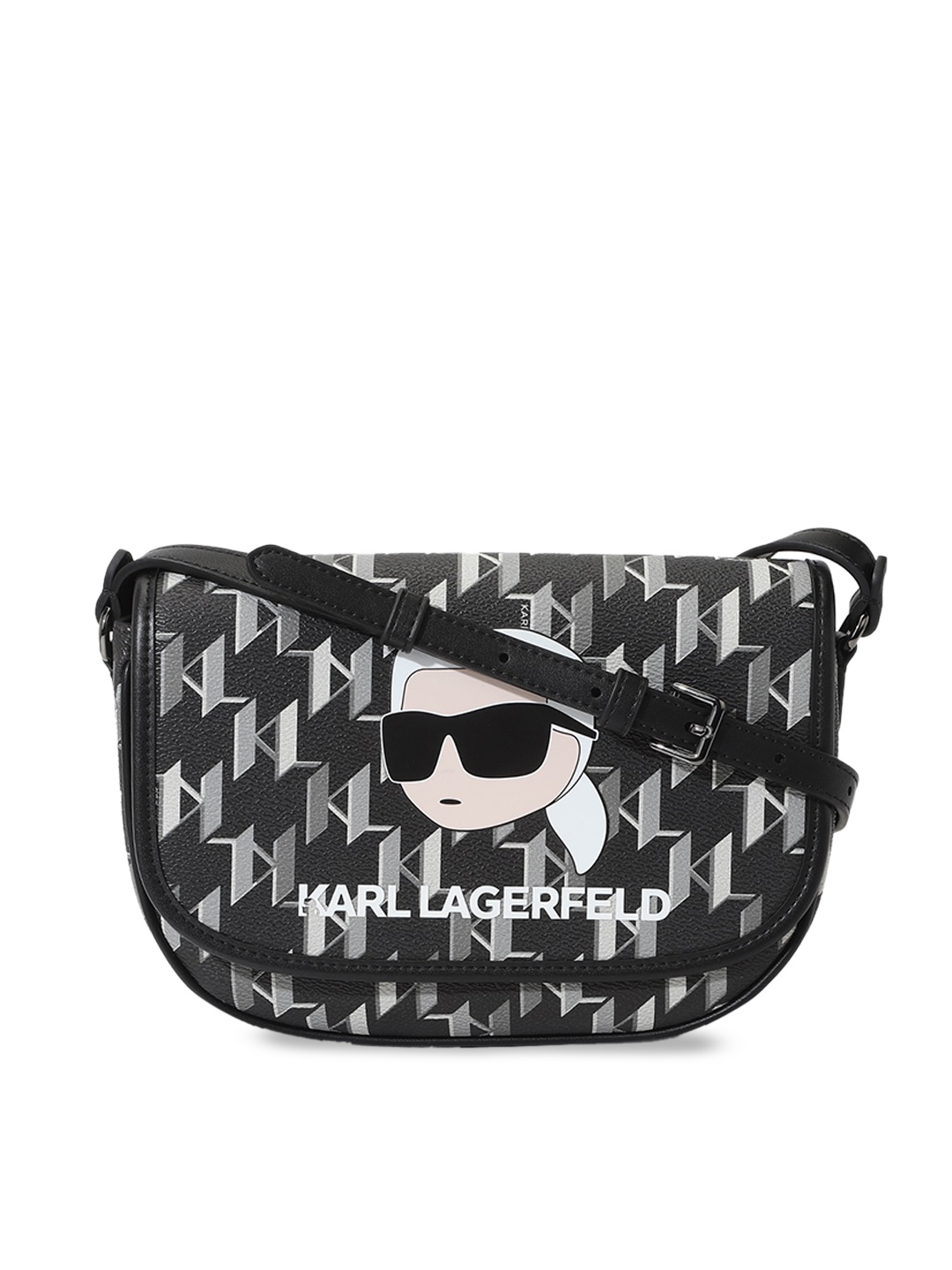 

Karl Lagerfeld Graphic Printed Leather Structured Sling Bag, Black