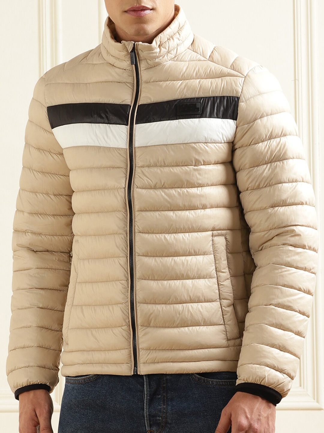 

Karl Lagerfeld Striped Puffer Jacket, Beige