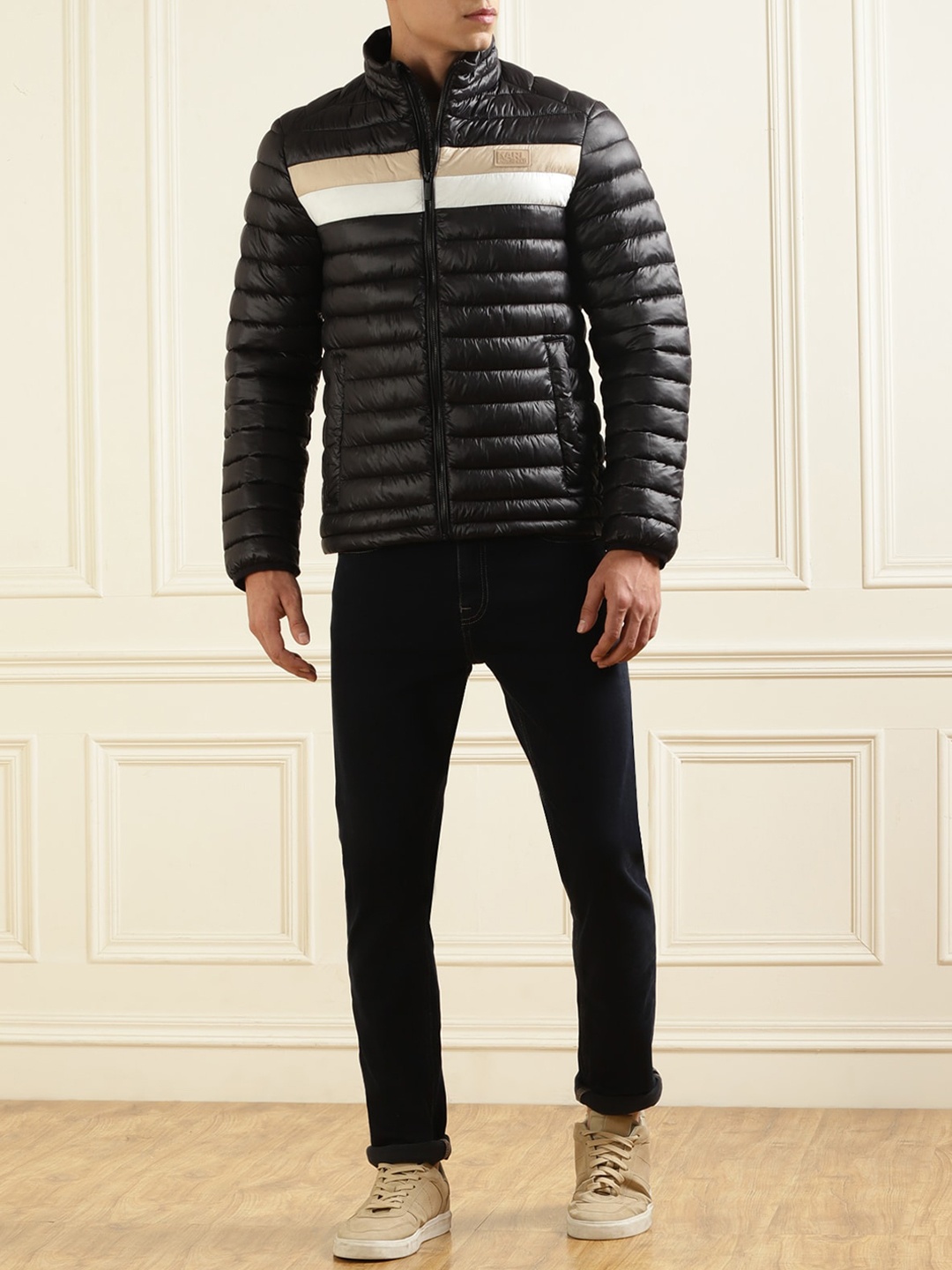 

Karl Lagerfeld Striped Mock Collar Puffer Jacket, Black