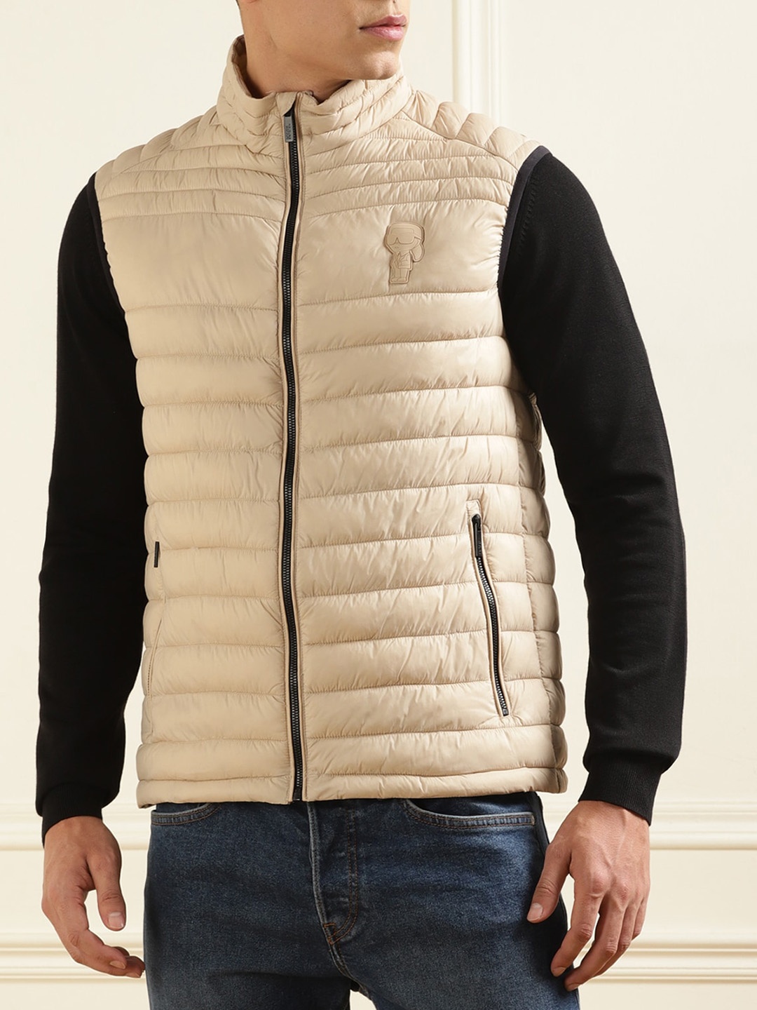 

Karl Lagerfeld Mock Collar Sleeveless Puffer Jacket, Beige