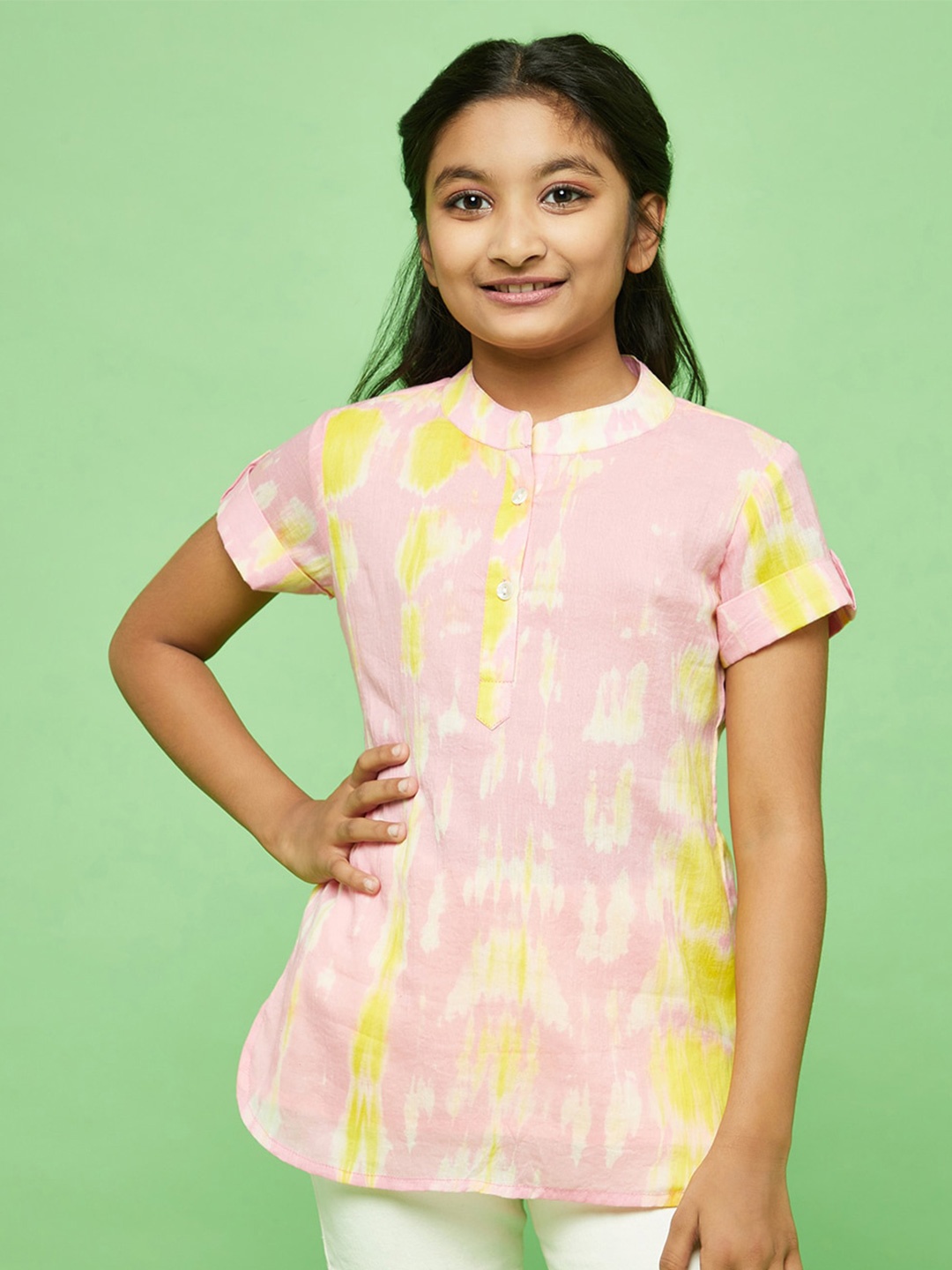 

Aks Kids Girls Floral Printed Mandarin Collar Roll-Up Sleeves Cotton Top, Pink