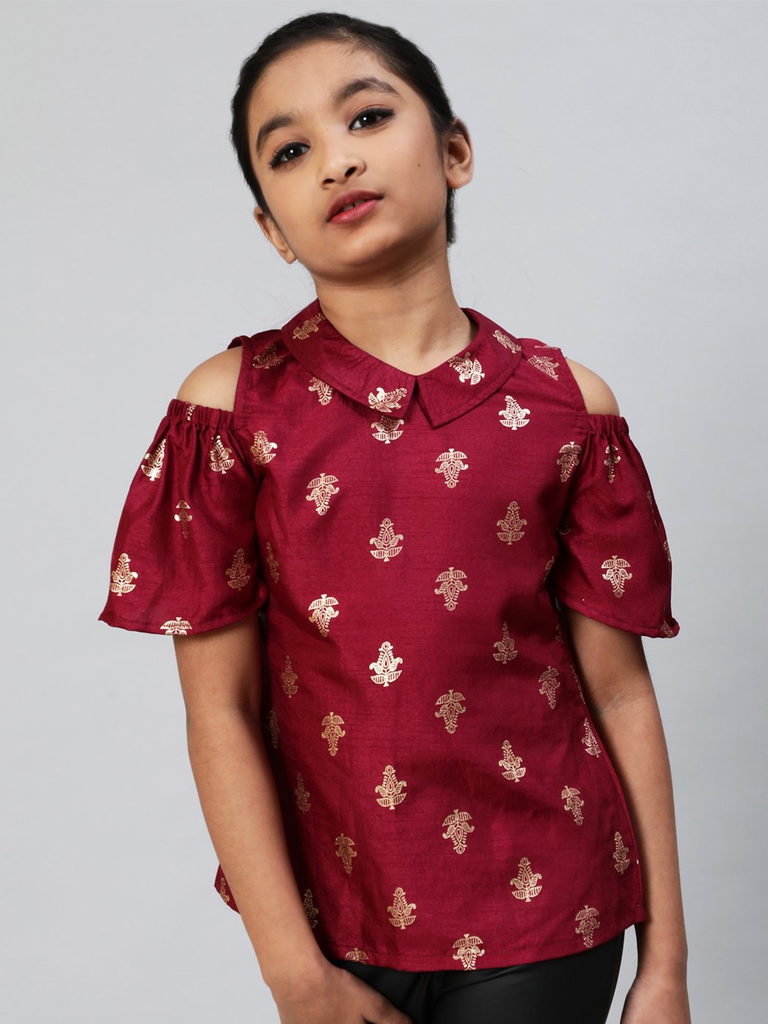 

Aks Kids Girls Ethnic Motifs Printed Shirt Collar Cold-Shoulder Shirt Style Top, Burgundy