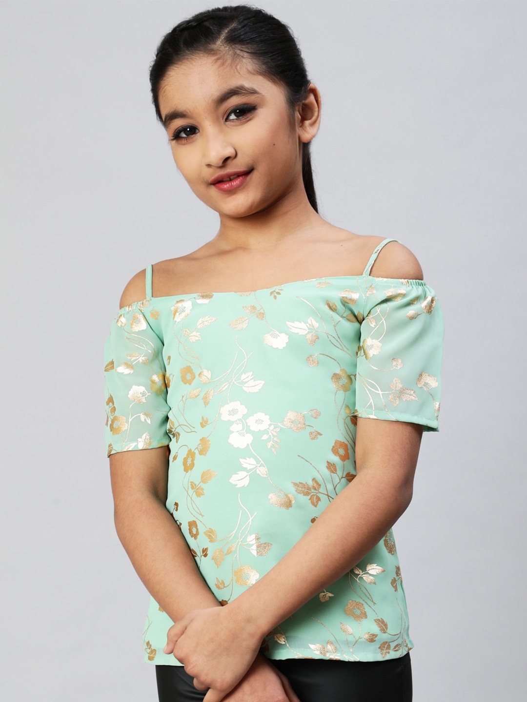 

Aks Kids Girls Floral Printed Cold-Shoulder Georgette Bardot Top, Sea green