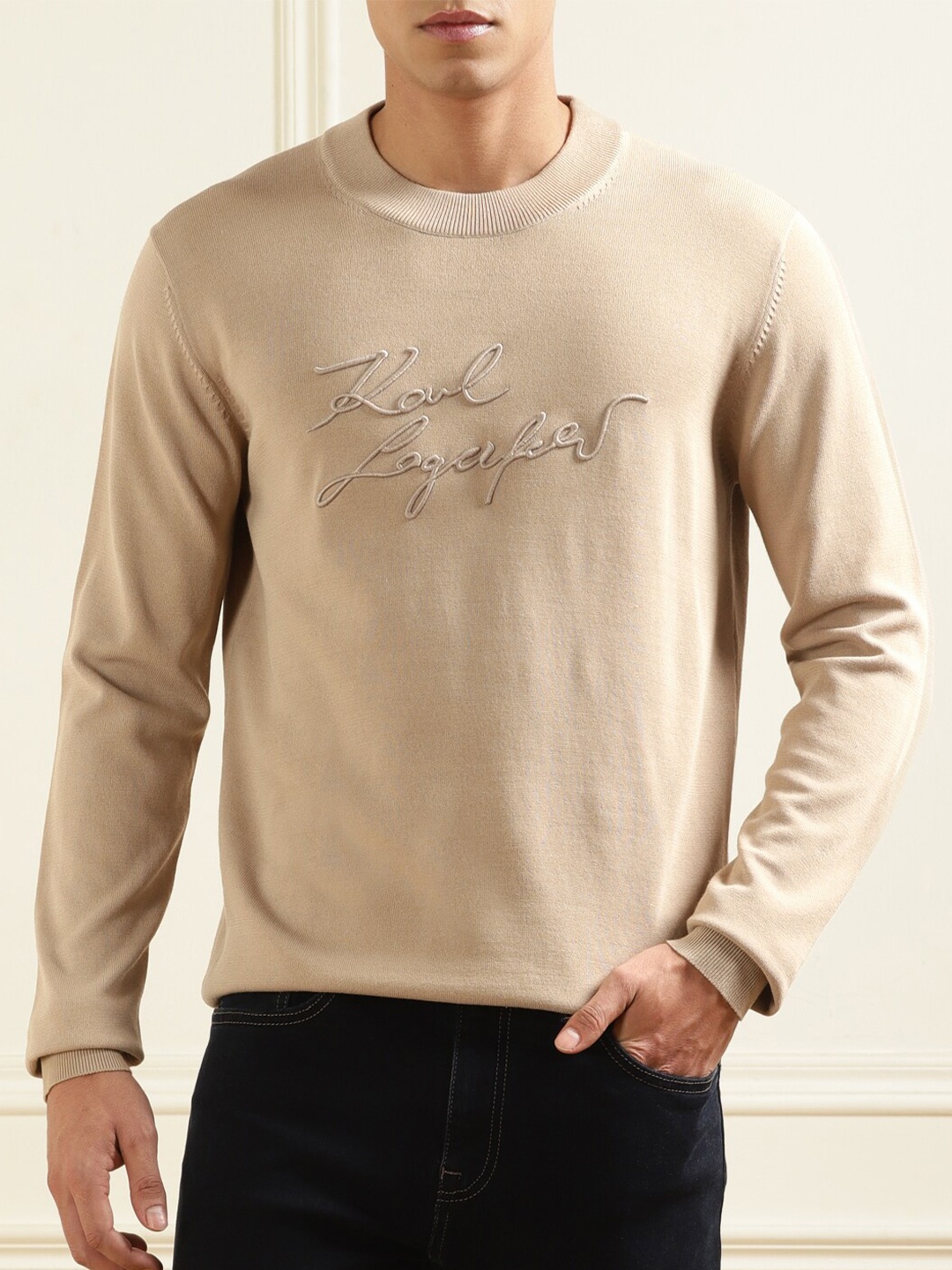 

Karl Lagerfeld Typography Embroidered Pullover, Beige
