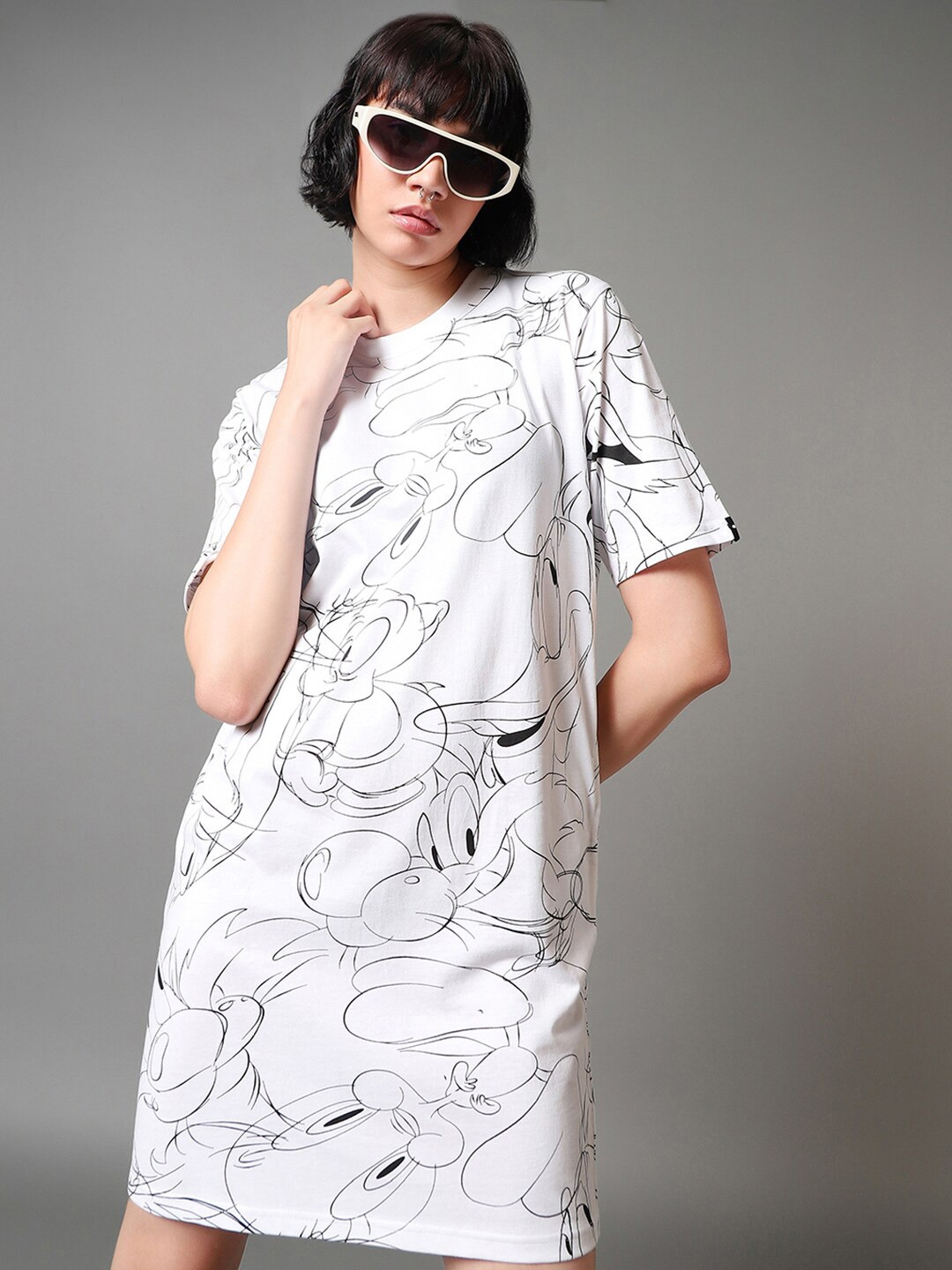

Bewakoof White & Black Looney Tunes Printed Pure Cotton T-Shirt Dress
