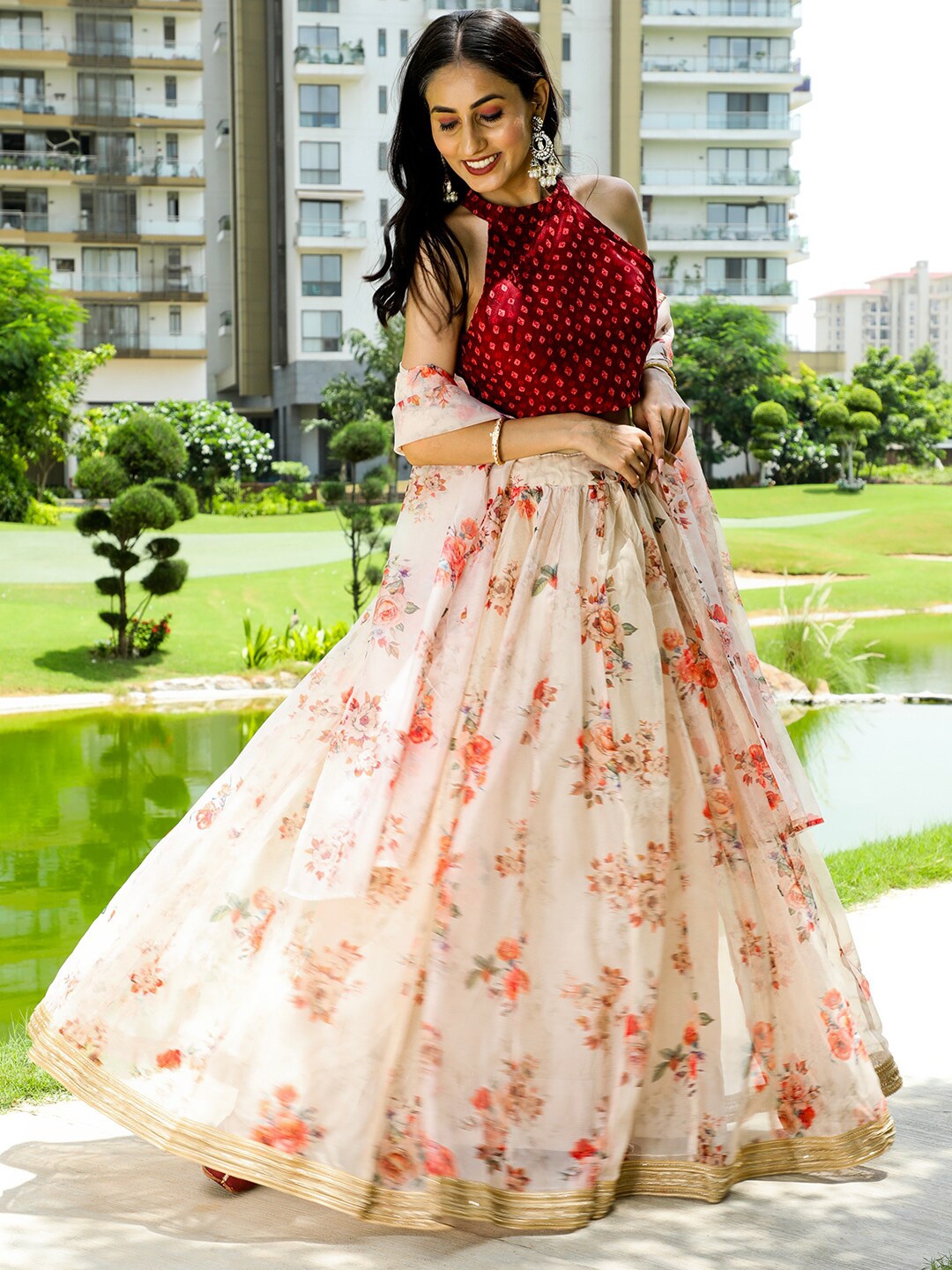 

AKS Couture Bandhani Printed Ready to Wear Organza Lehenga & Blouse With Dupatta, Cream