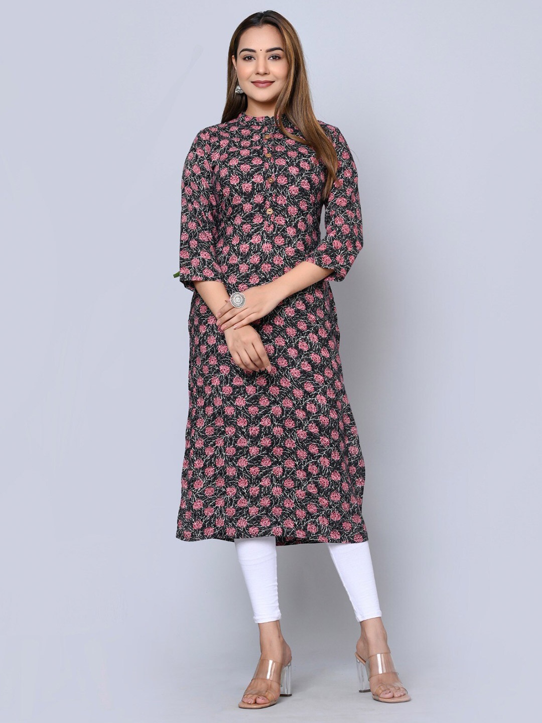 

MAUKA Floral Printed Straight Kurta, Black